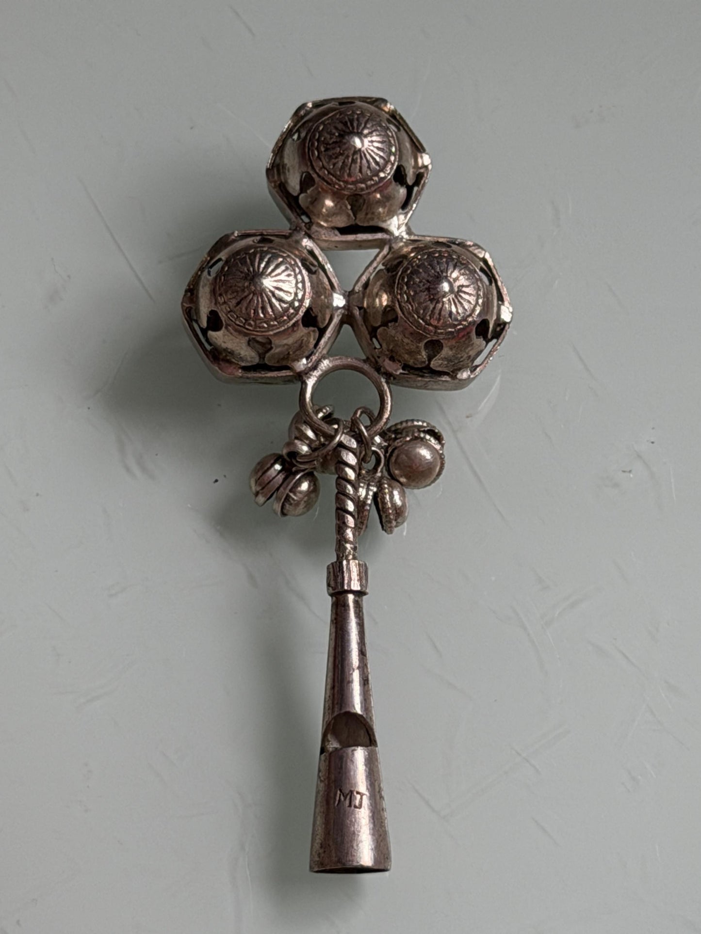 Antique European Silver Baby Rattle flute Three Bells 19th Century baby Toy nursey child shower giftbaby