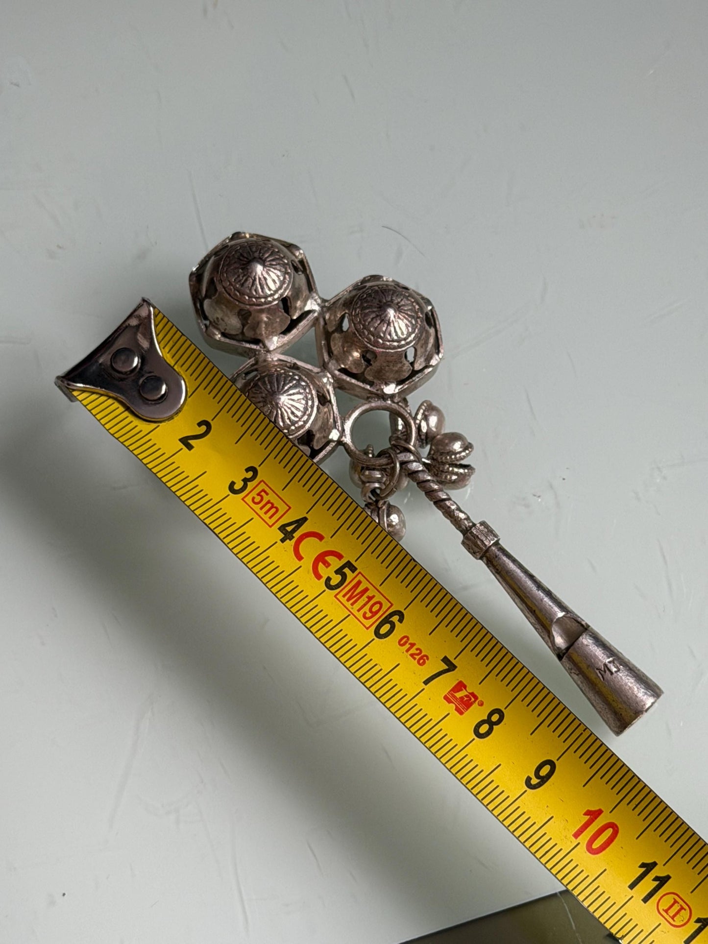 Antique European Silver Baby Rattle flute Three Bells 19th Century baby Toy nursey child shower giftbaby