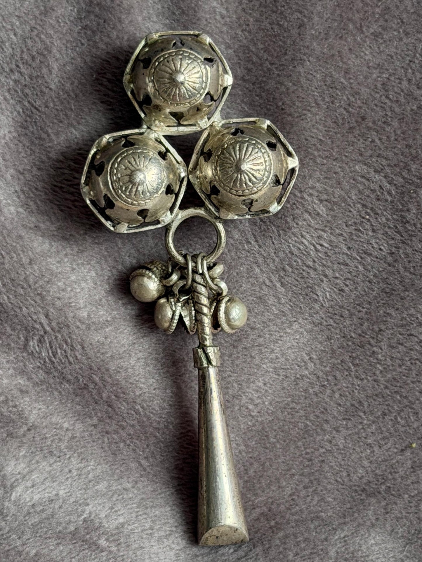 Antique European Silver Baby Rattle flute Three Bells 19th Century baby Toy nursey child shower giftbaby