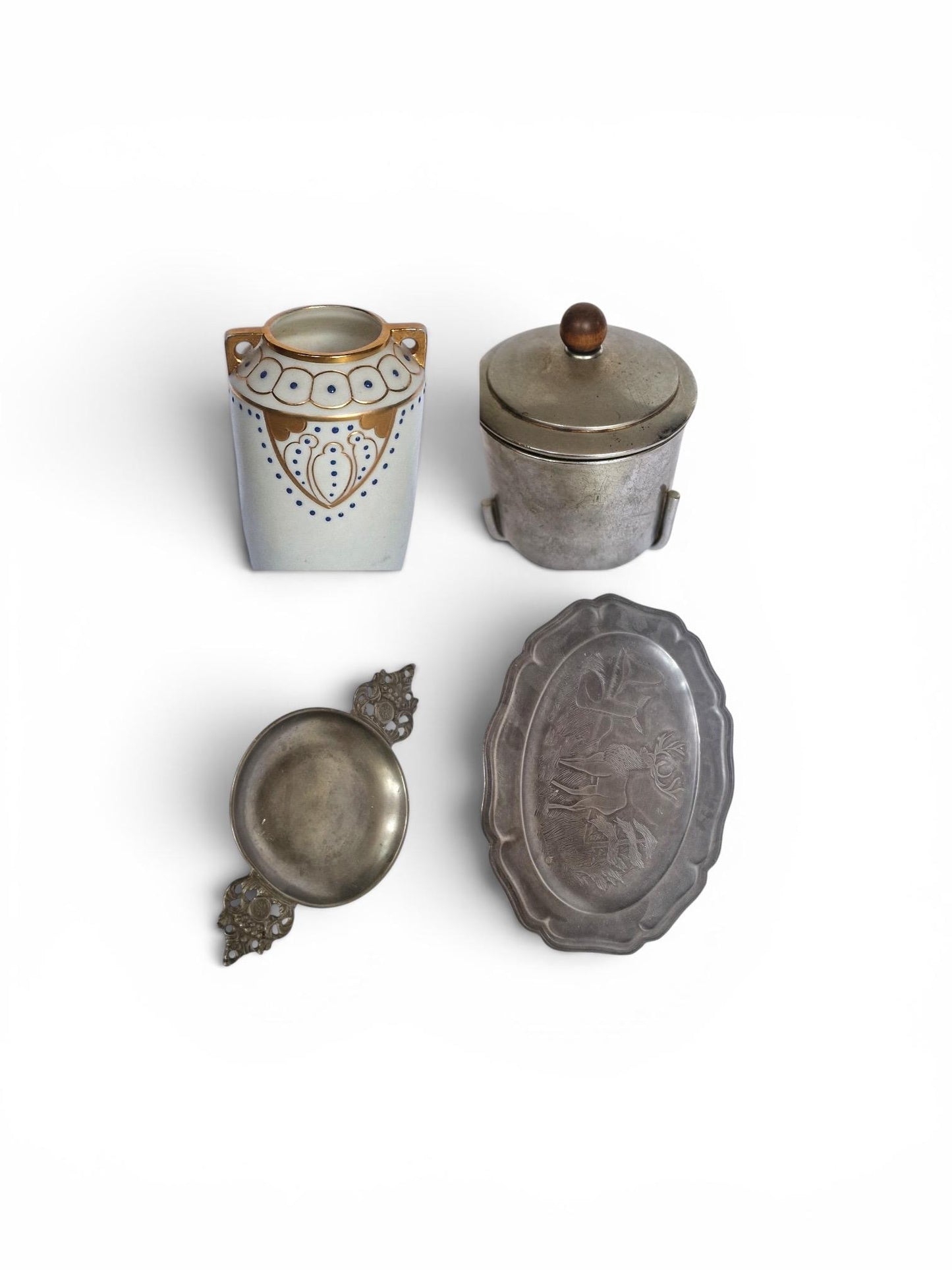 Art deco ensemble vase, jar, pewter and porcelain, dish and quaich
