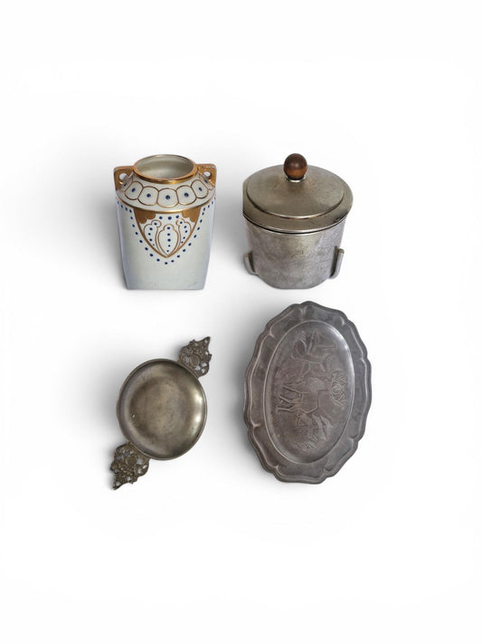Art deco ensemble vase, jar, pewter and porcelain, dish and quaich