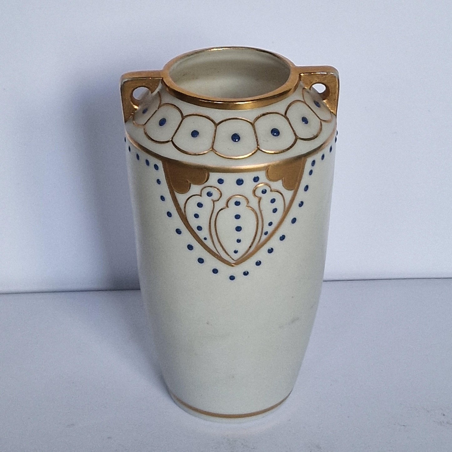 Art deco ensemble vase, jar, pewter and porcelain, dish and quaich