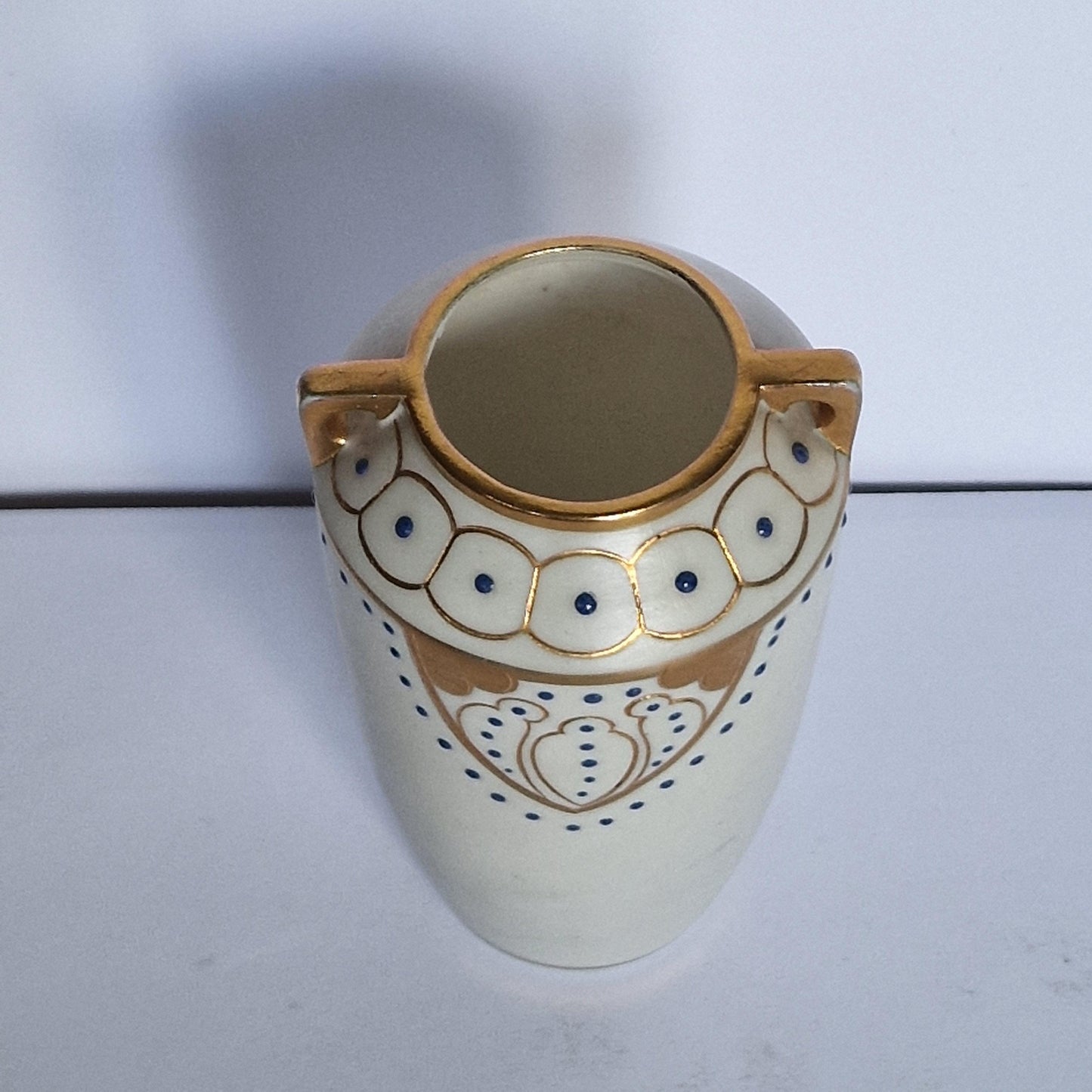 Art deco ensemble vase, jar, pewter and porcelain, dish and quaich