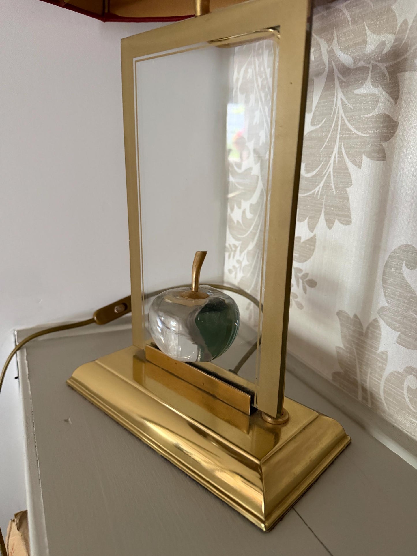 Le Dauphin France Brass Table designer Lamp with Sculptural Glass Apple and Original Shade 1980s, Maurice Tournu, Maison Dauphin