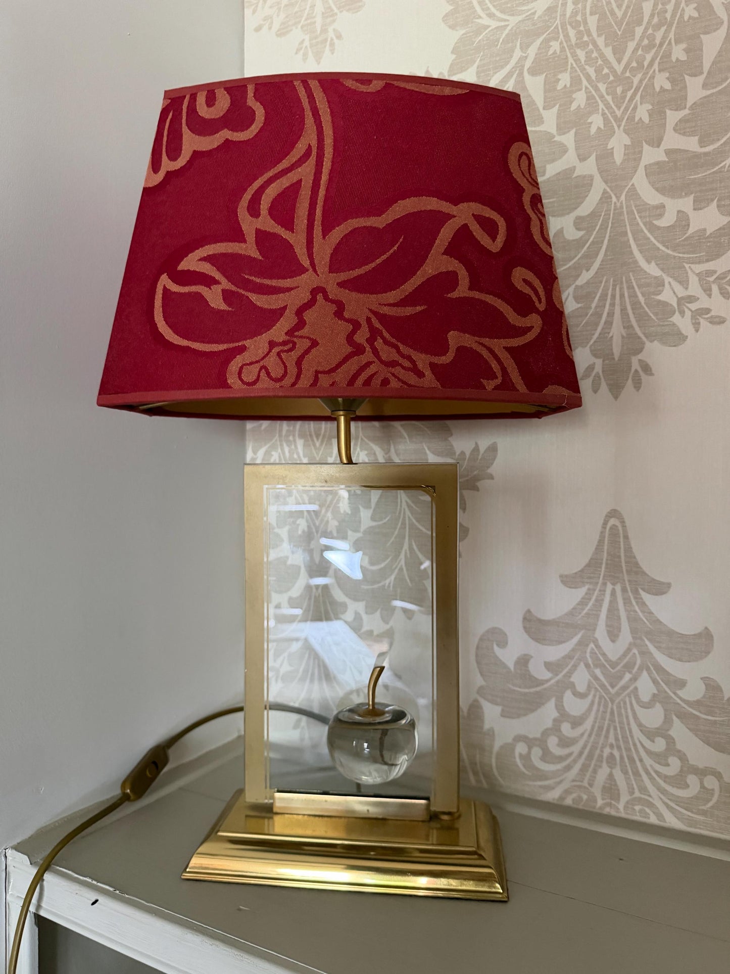 Le Dauphin France Brass Table designer Lamp with Sculptural Glass Apple and Original Shade 1980s, Maurice Tournu, Maison Dauphin