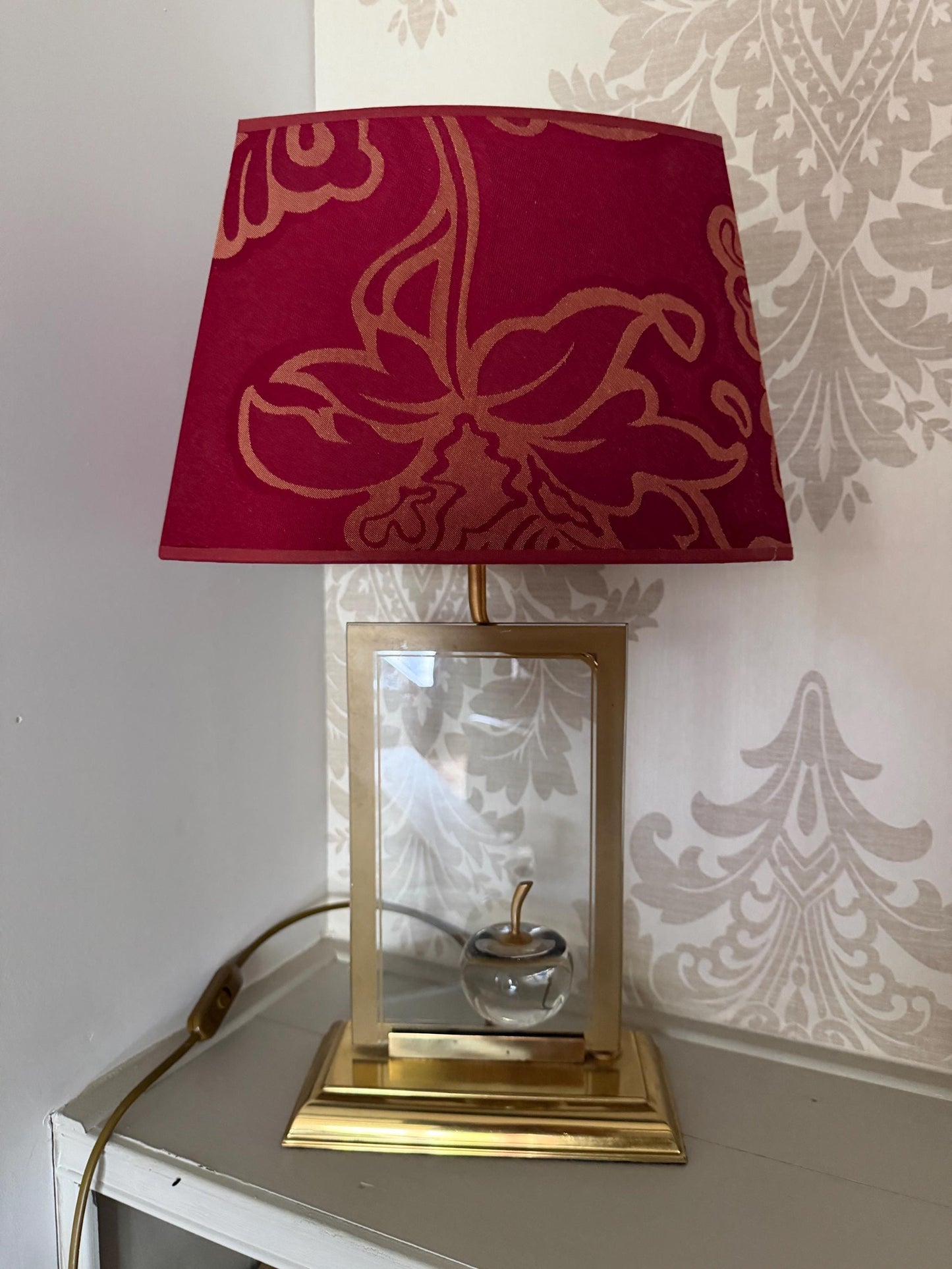 Le Dauphin France Brass Table designer Lamp with Sculptural Glass Apple and Original Shade 1980s, Maurice Tournu, Maison Dauphin