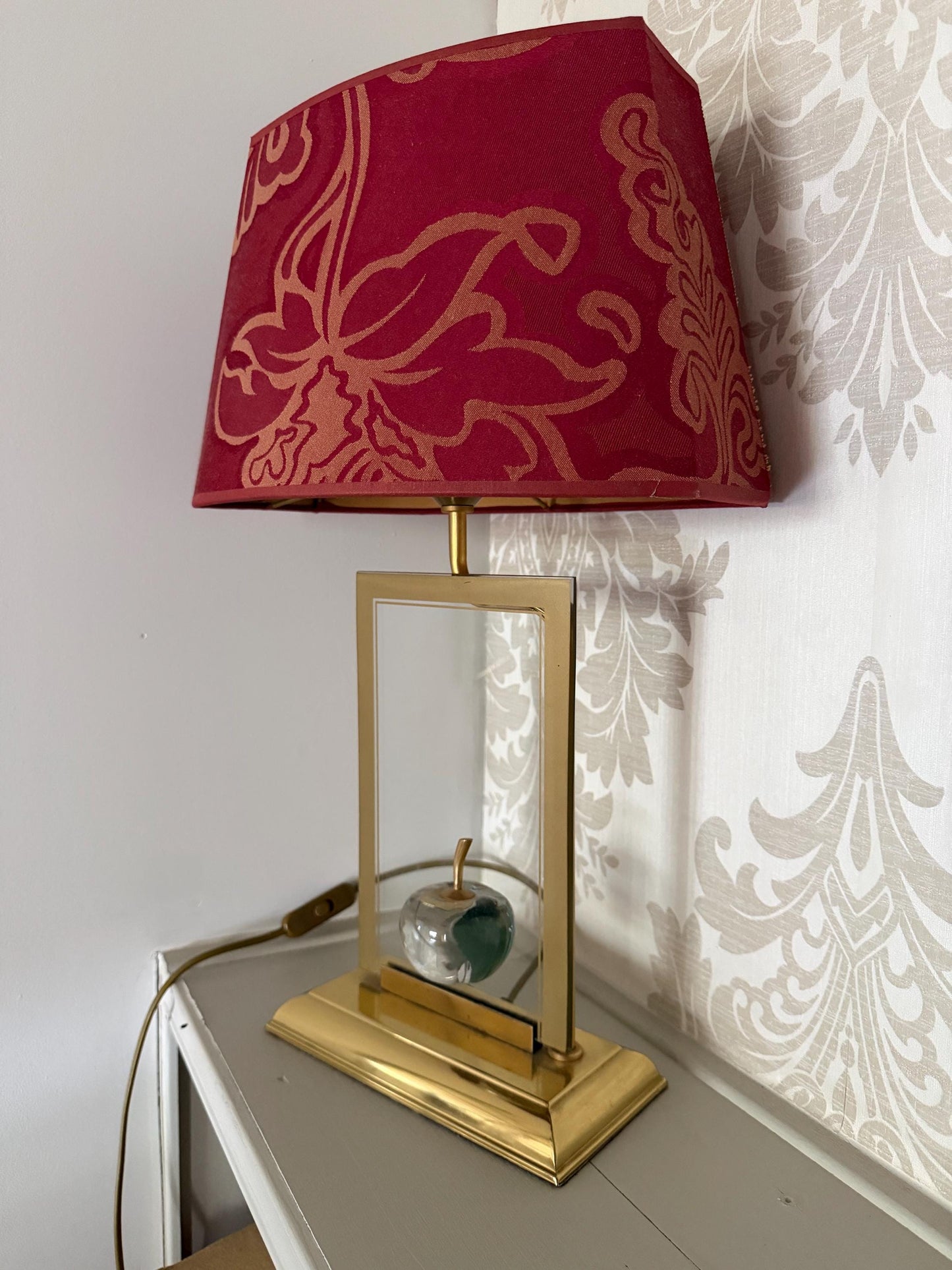 Le Dauphin France Brass Table designer Lamp with Sculptural Glass Apple and Original Shade 1980s, Maurice Tournu, Maison Dauphin