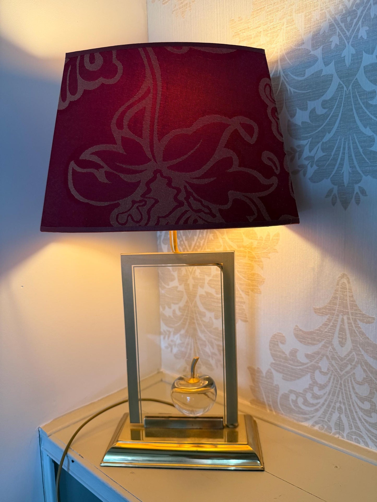 Le Dauphin France Brass Table designer Lamp with Sculptural Glass Apple and Original Shade 1980s, Maurice Tournu, Maison Dauphin