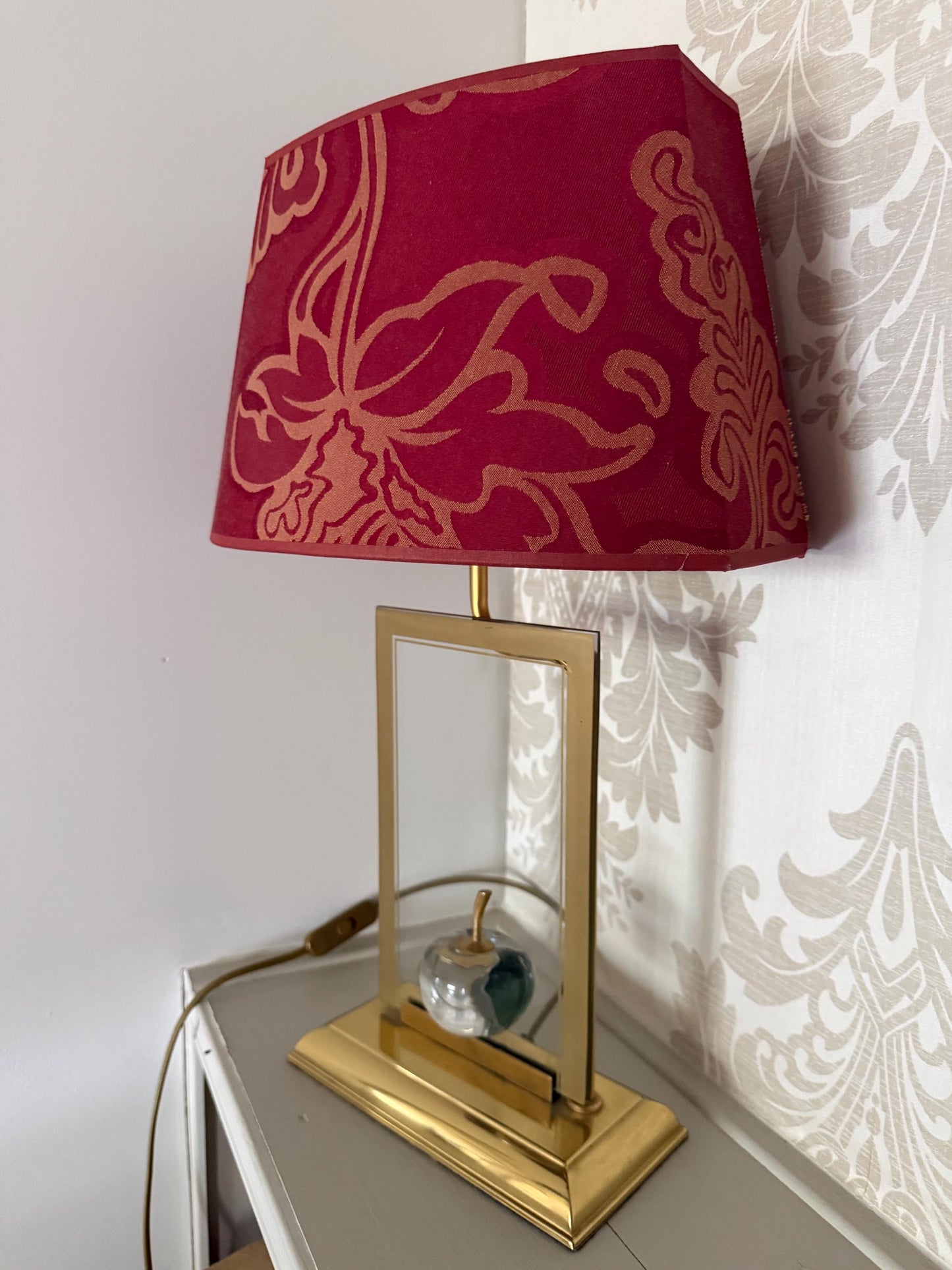 Le Dauphin France Brass Table designer Lamp with Sculptural Glass Apple and Original Shade 1980s, Maurice Tournu, Maison Dauphin