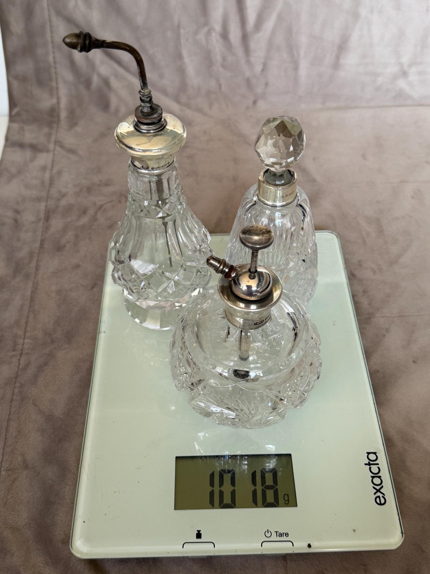 Antique Sterling Silver Crystal Vanity Set Edwardian Perfume Bottles Atomizer Cut Glass Dressing Table Set, 3