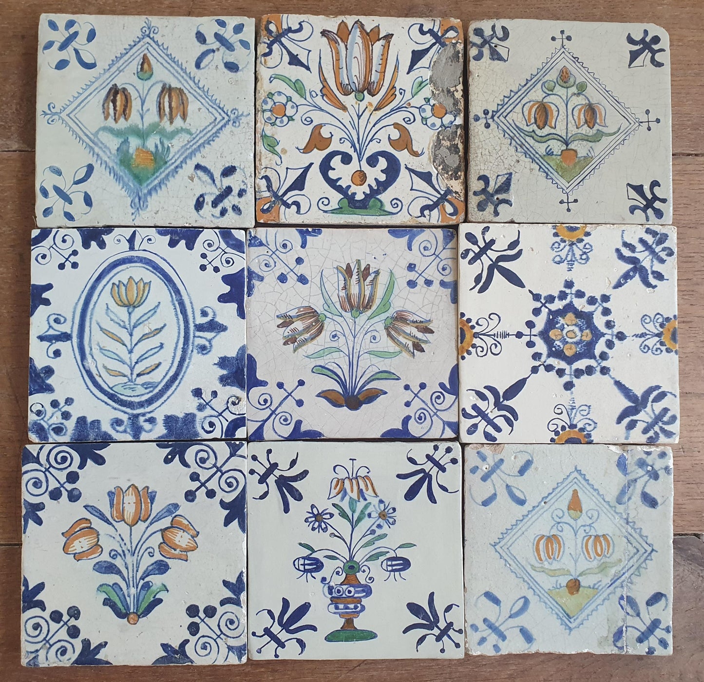 9 x Antique Delft flowers Tiles, 17th Century Dutch Wall Decor.