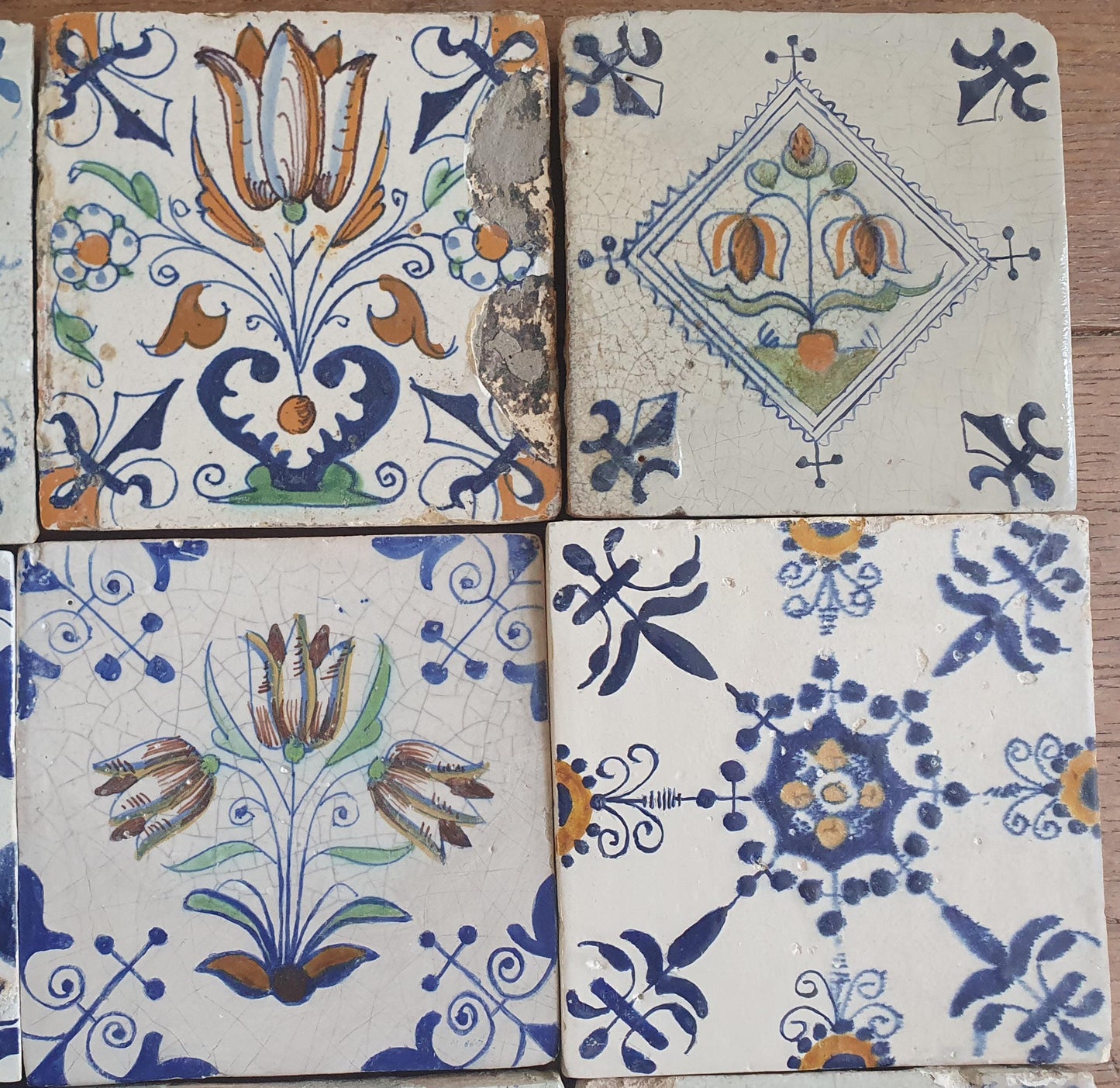 9 x Antique Delft flowers Tiles, 17th Century Dutch Wall Decor.