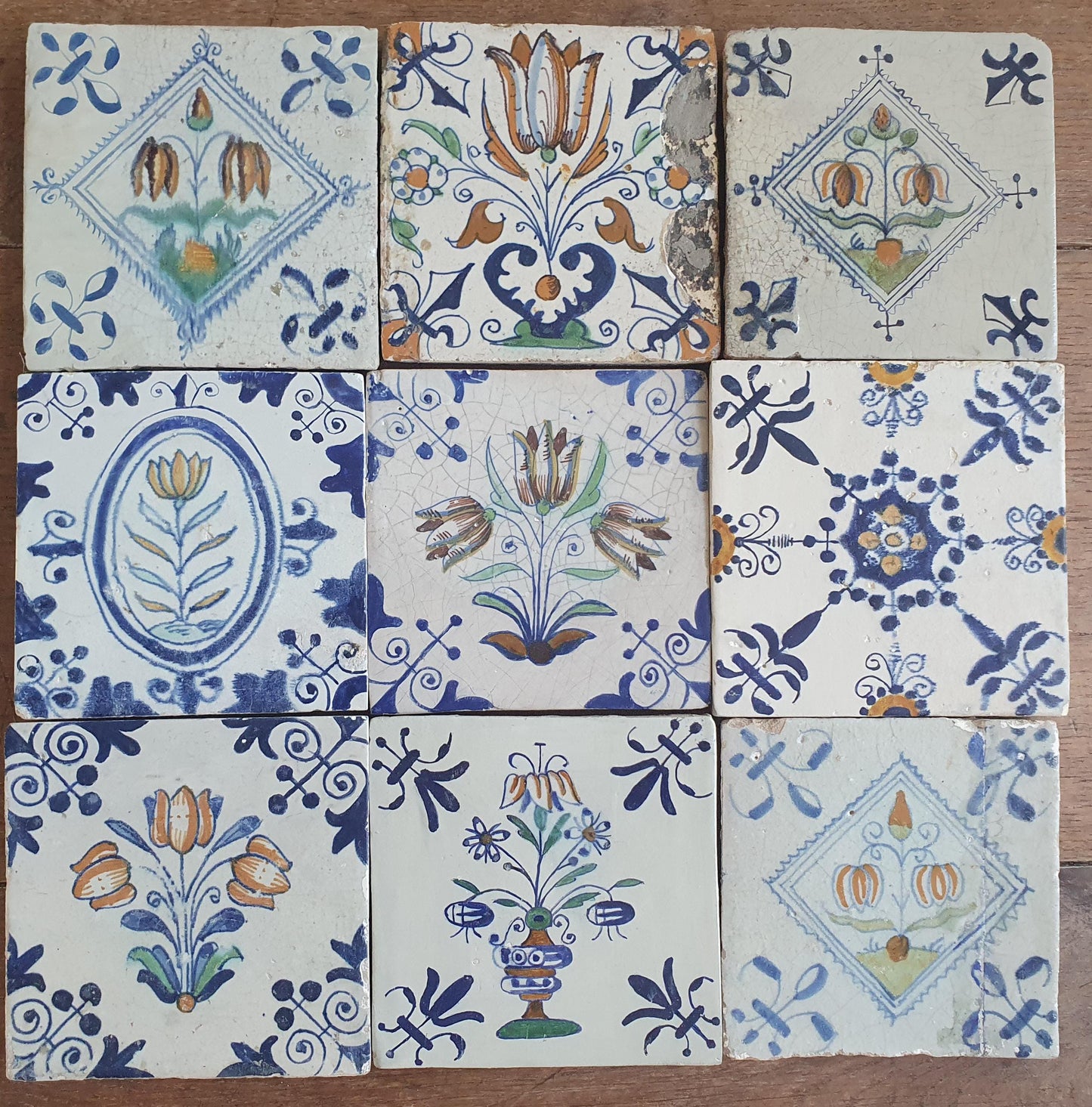 9 x Antique Delft flowers Tiles, 17th Century Dutch Wall Decor.