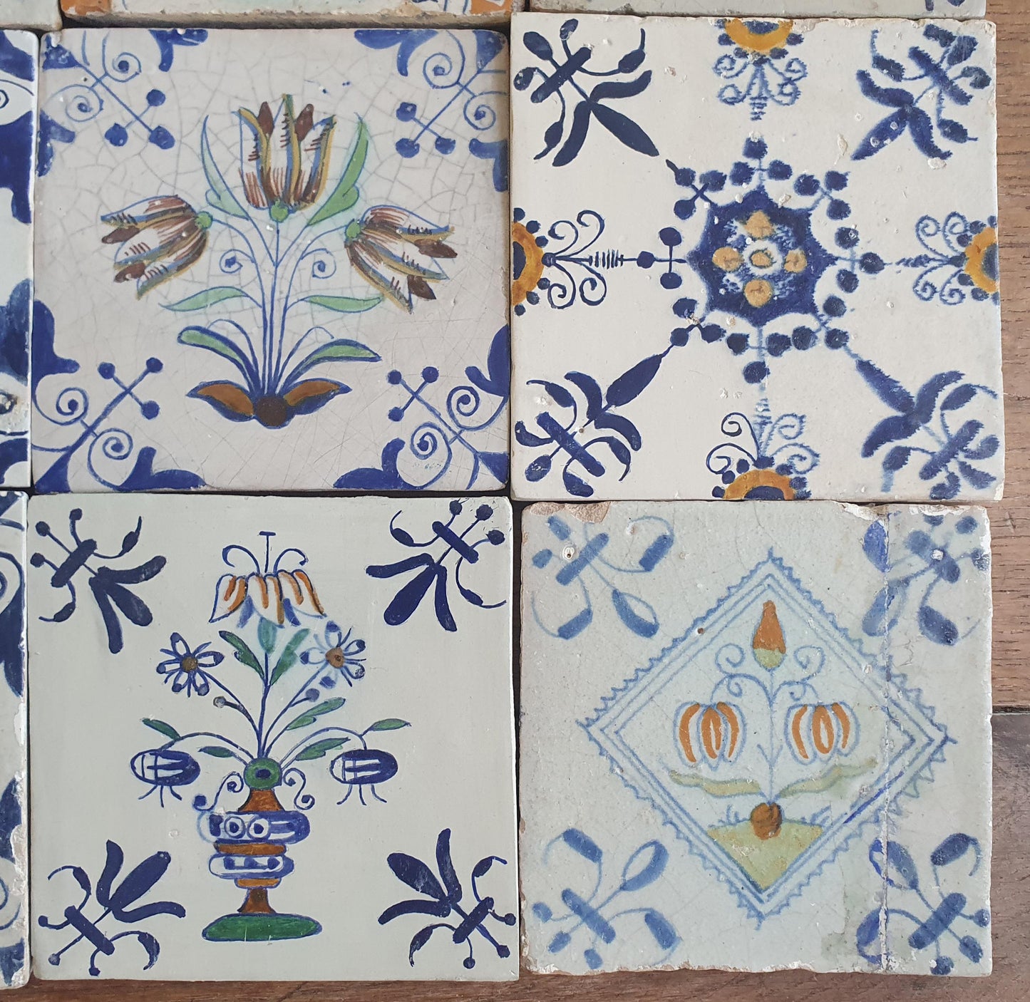 9 x Antique Delft flowers Tiles, 17th Century Dutch Wall Decor.