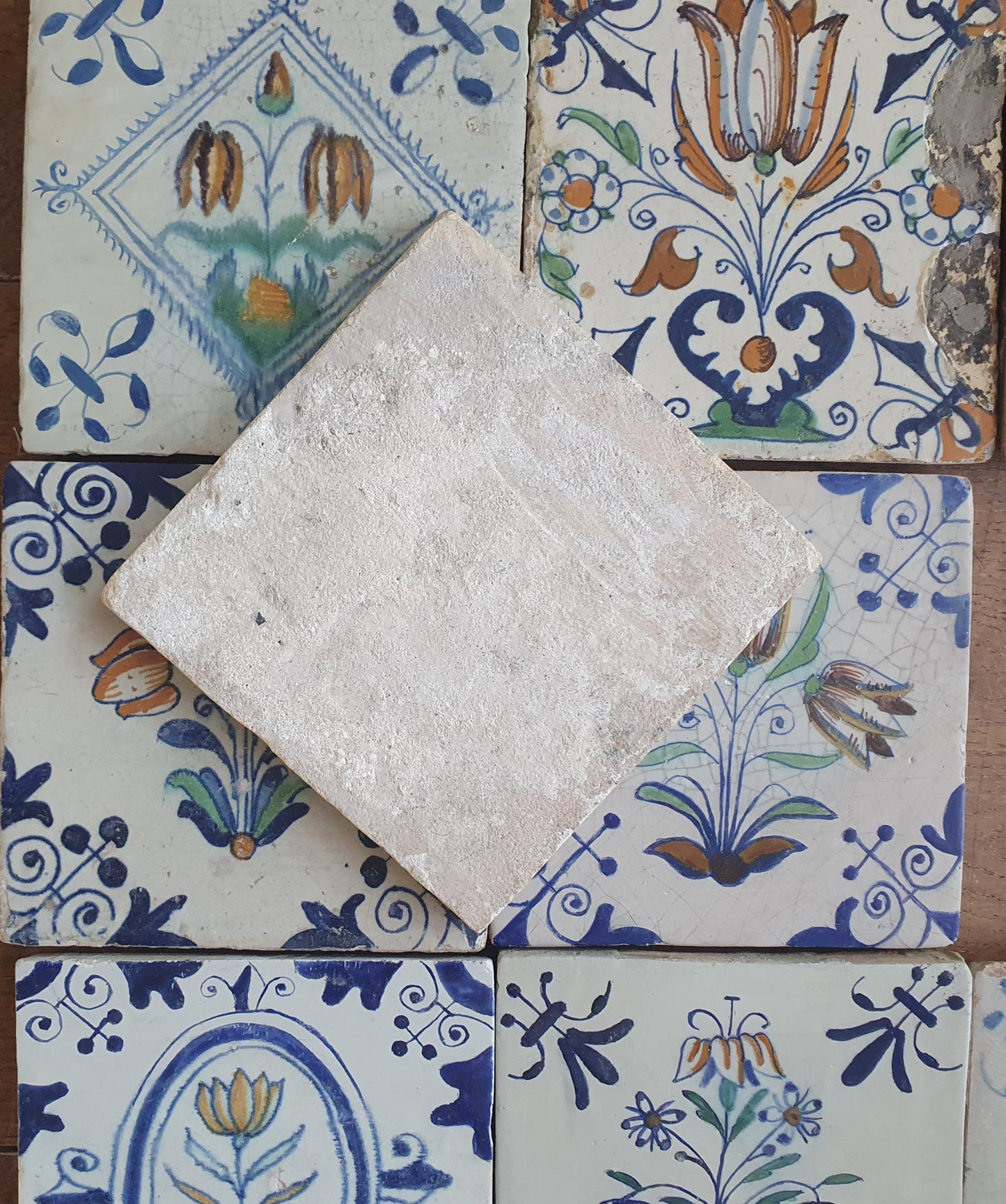 9 x Antique Delft flowers Tiles, 17th Century Dutch Wall Decor.