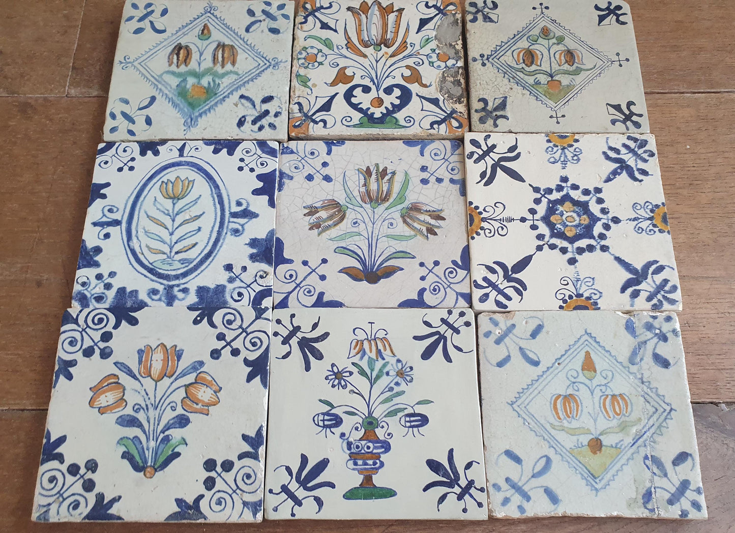 9 x Antique Delft flowers Tiles, 17th Century Dutch Wall Decor.