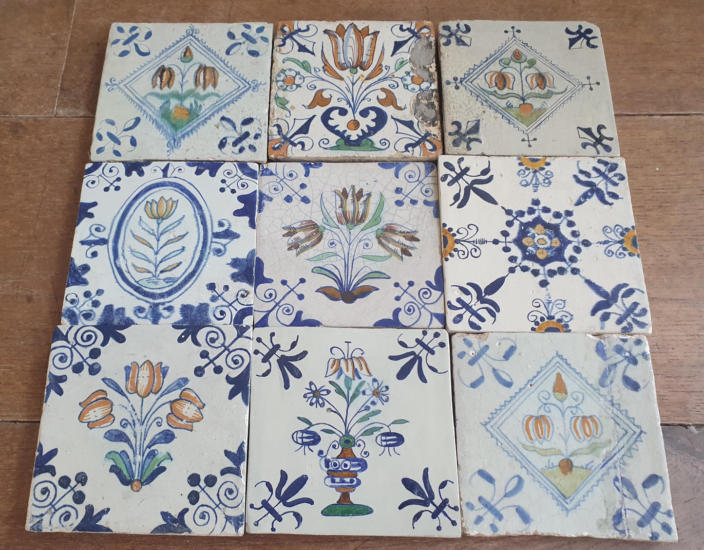 9 x Antique Delft flowers Tiles, 17th Century Dutch Wall Decor.