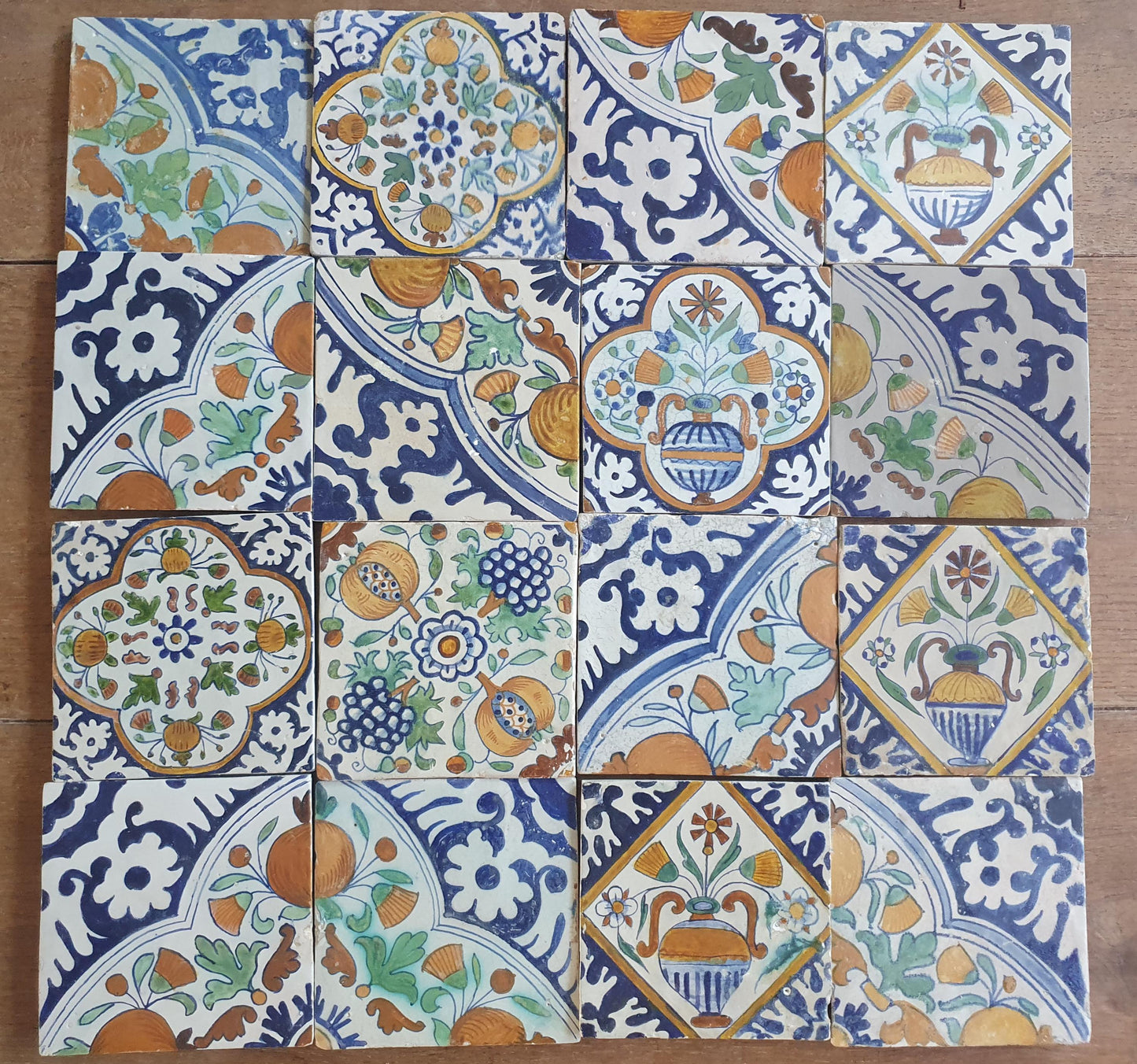 16 x Antique Delft Ornament Tiles, 17th Century Dutch Wall Decor.