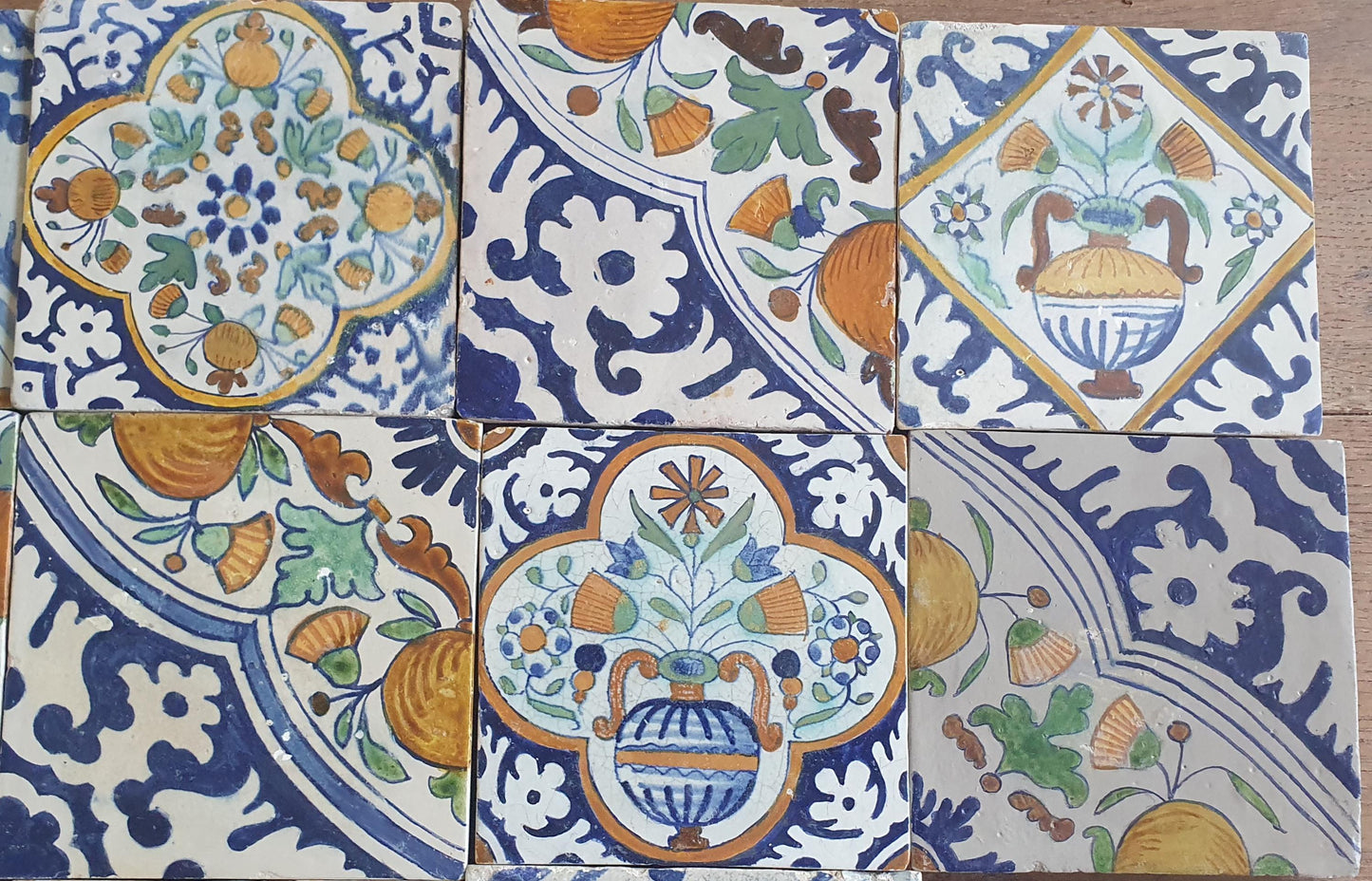16 x Antique Delft Ornament Tiles, 17th Century Dutch Wall Decor.