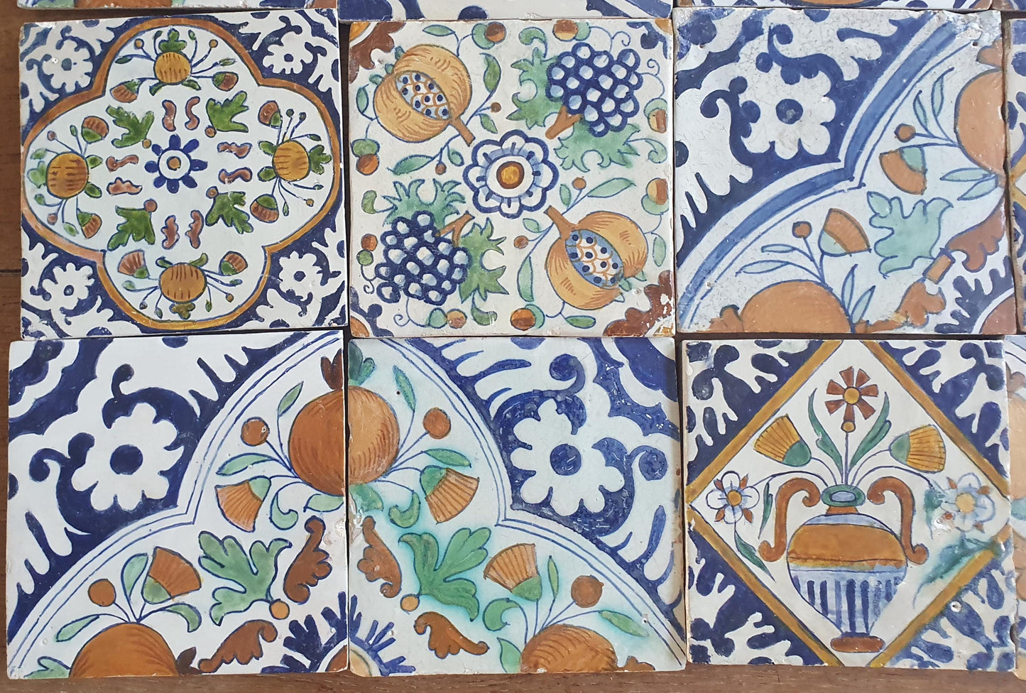 16 x Antique Delft Ornament Tiles, 17th Century Dutch Wall Decor.