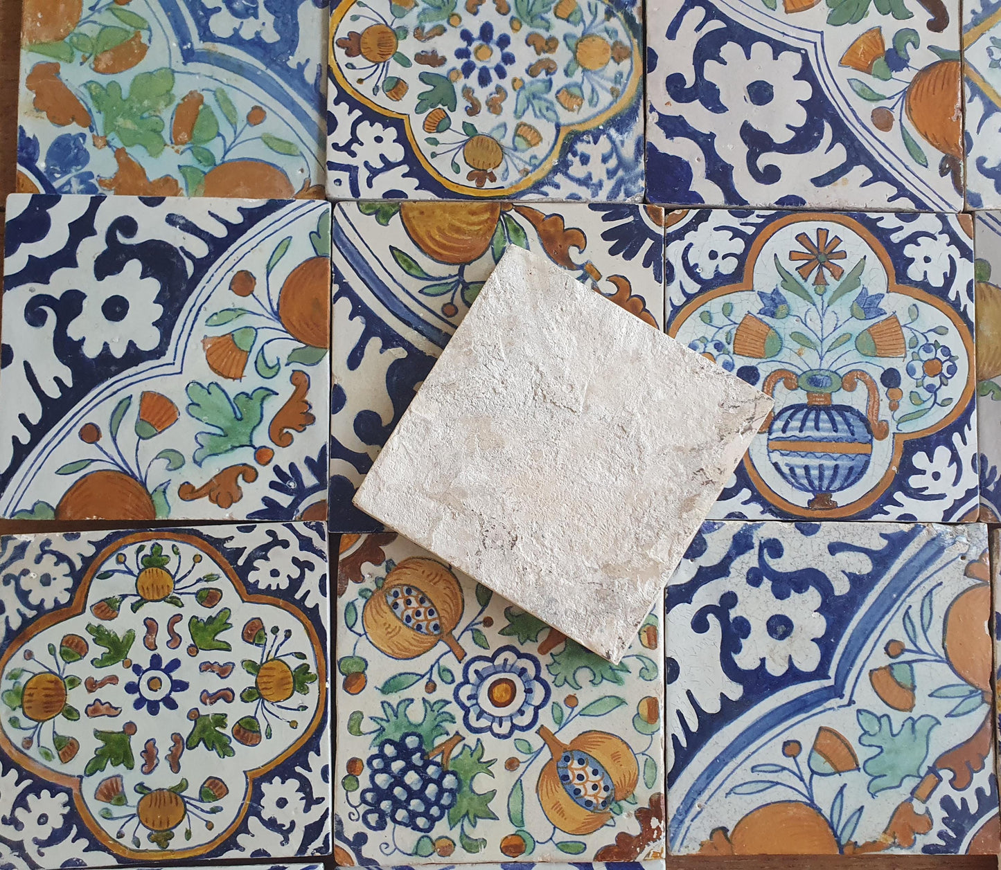 16 x Antique Delft Ornament Tiles, 17th Century Dutch Wall Decor.