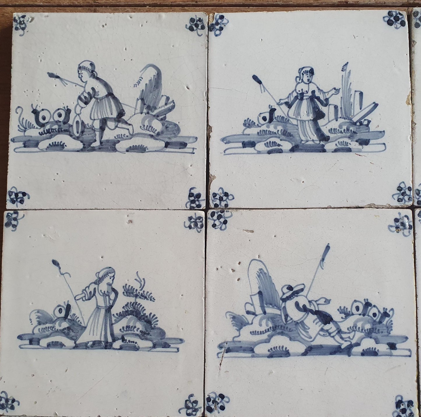 12 x Antique Delft Tiles, 18th Century Dutch Shepherd Scene landscapetile.