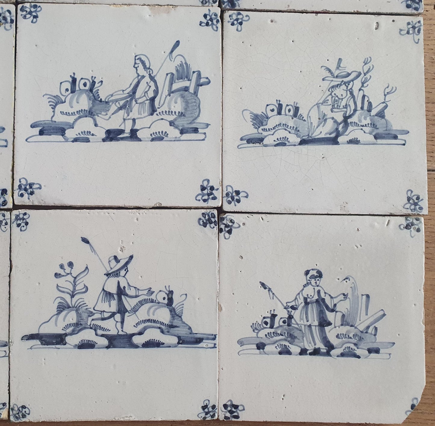 12 x Antique Delft Tiles, 18th Century Dutch Shepherd Scene landscapetile.
