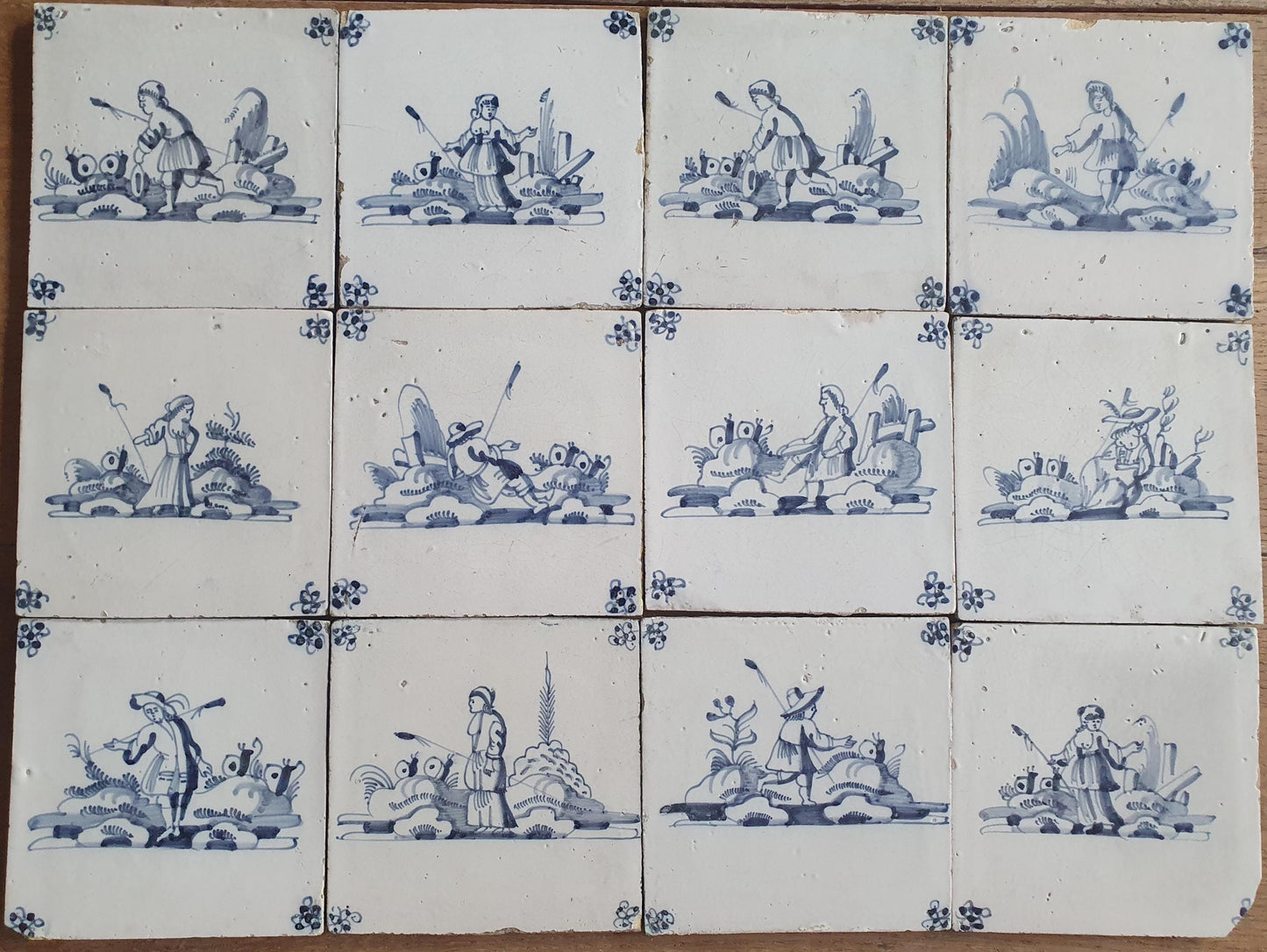 12 x Antique Delft Tiles, 18th Century Dutch Shepherd Scene landscapetile.