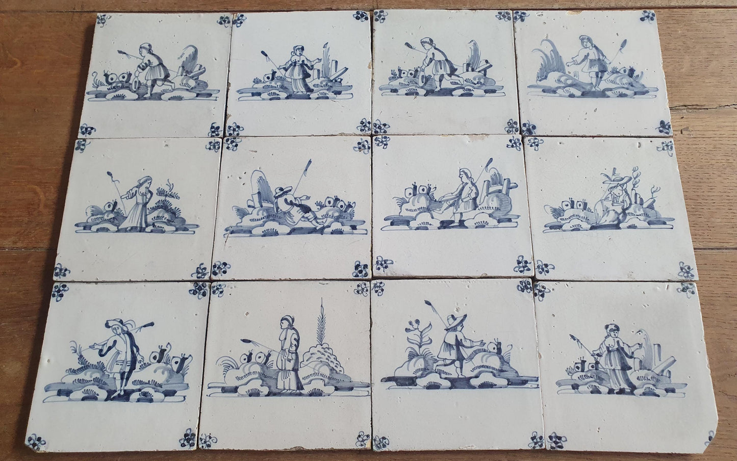 12 x Antique Delft Tiles, 18th Century Dutch Shepherd Scene landscapetile.