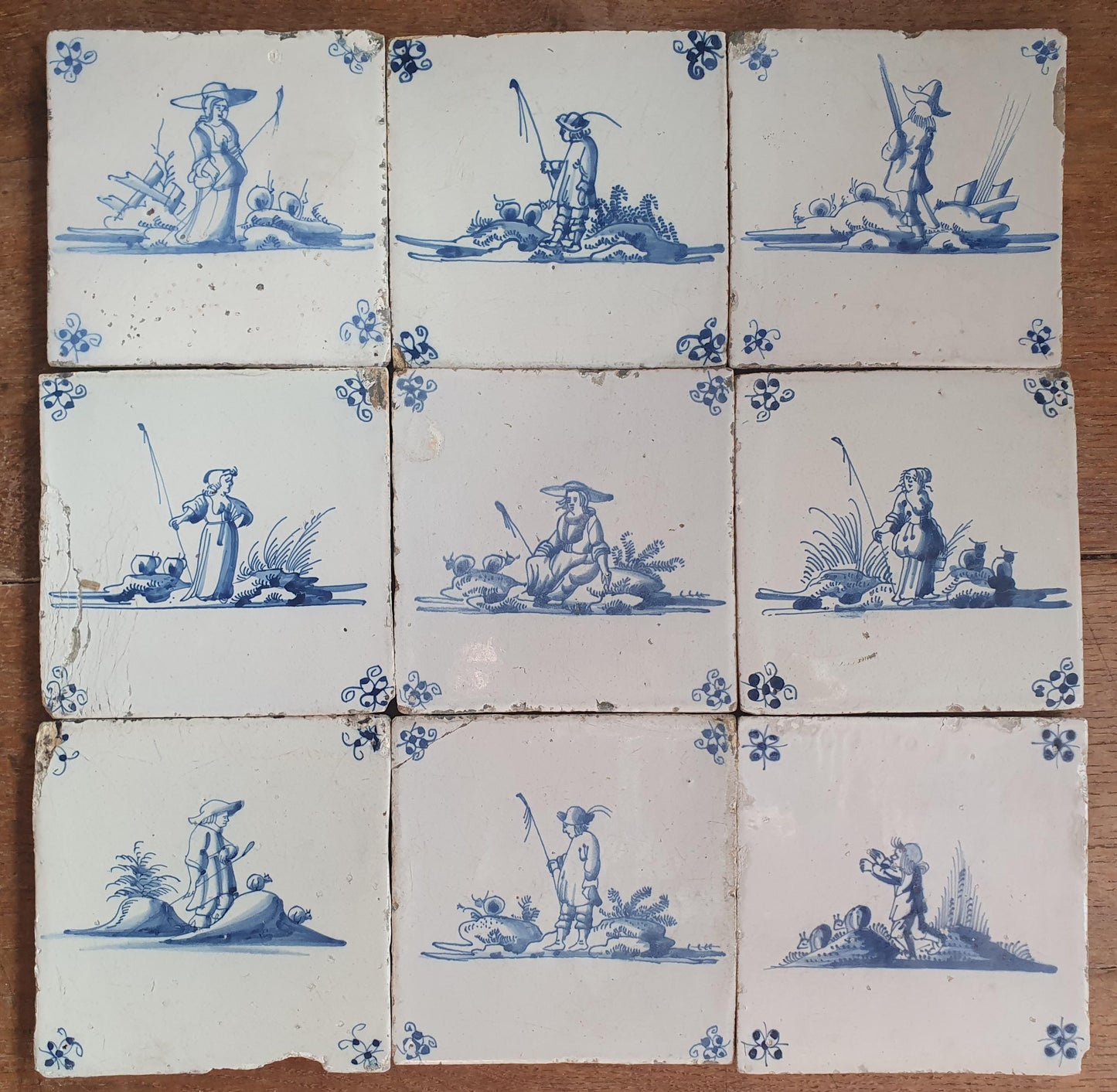 9 x Antique Delft Tiles, 18th Century Dutch Shepherd Scene landscapetile.