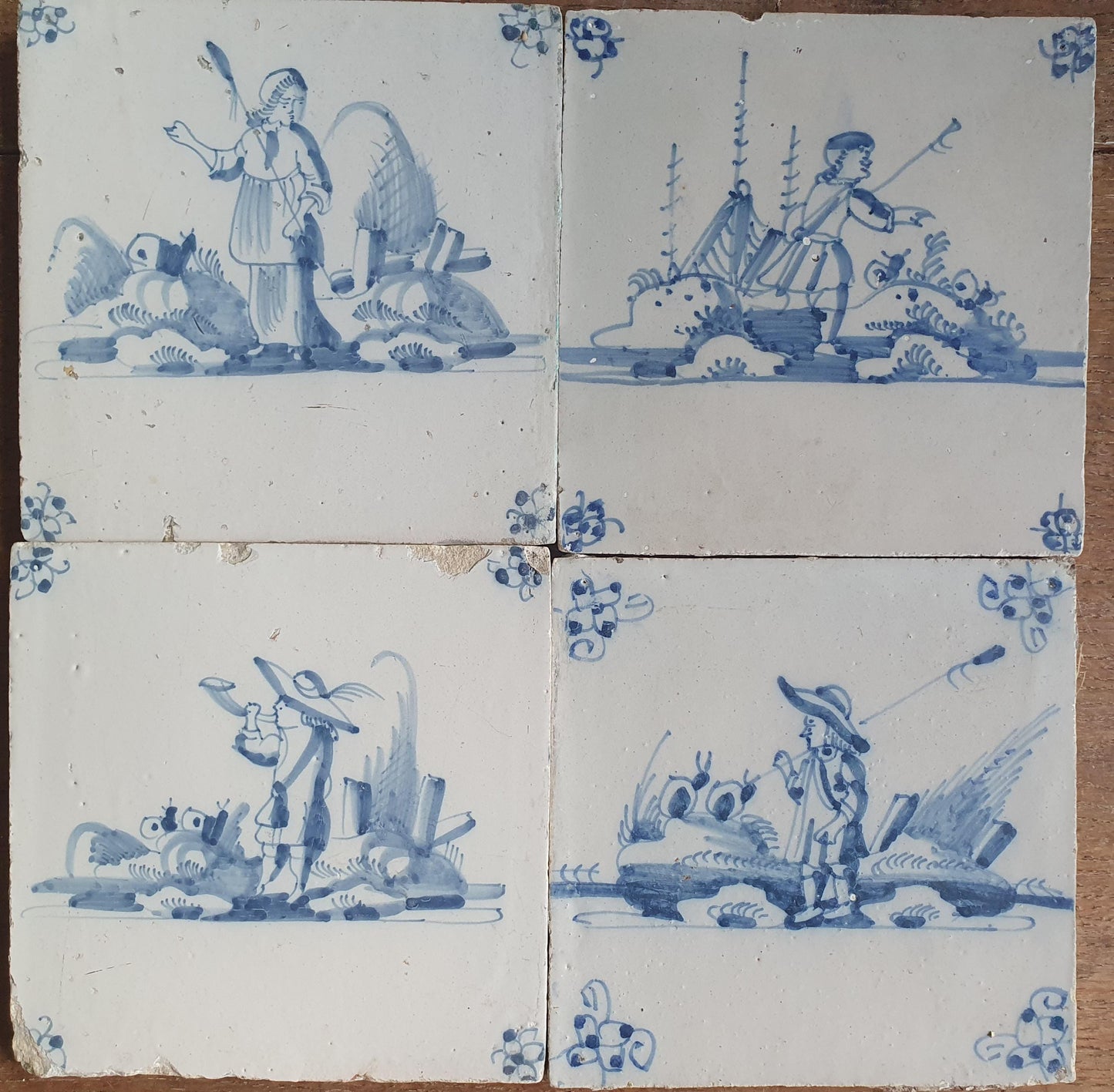 4 x Antique Delft Tiles, 18th Century Dutch Shepherd Scene landscapetile.
