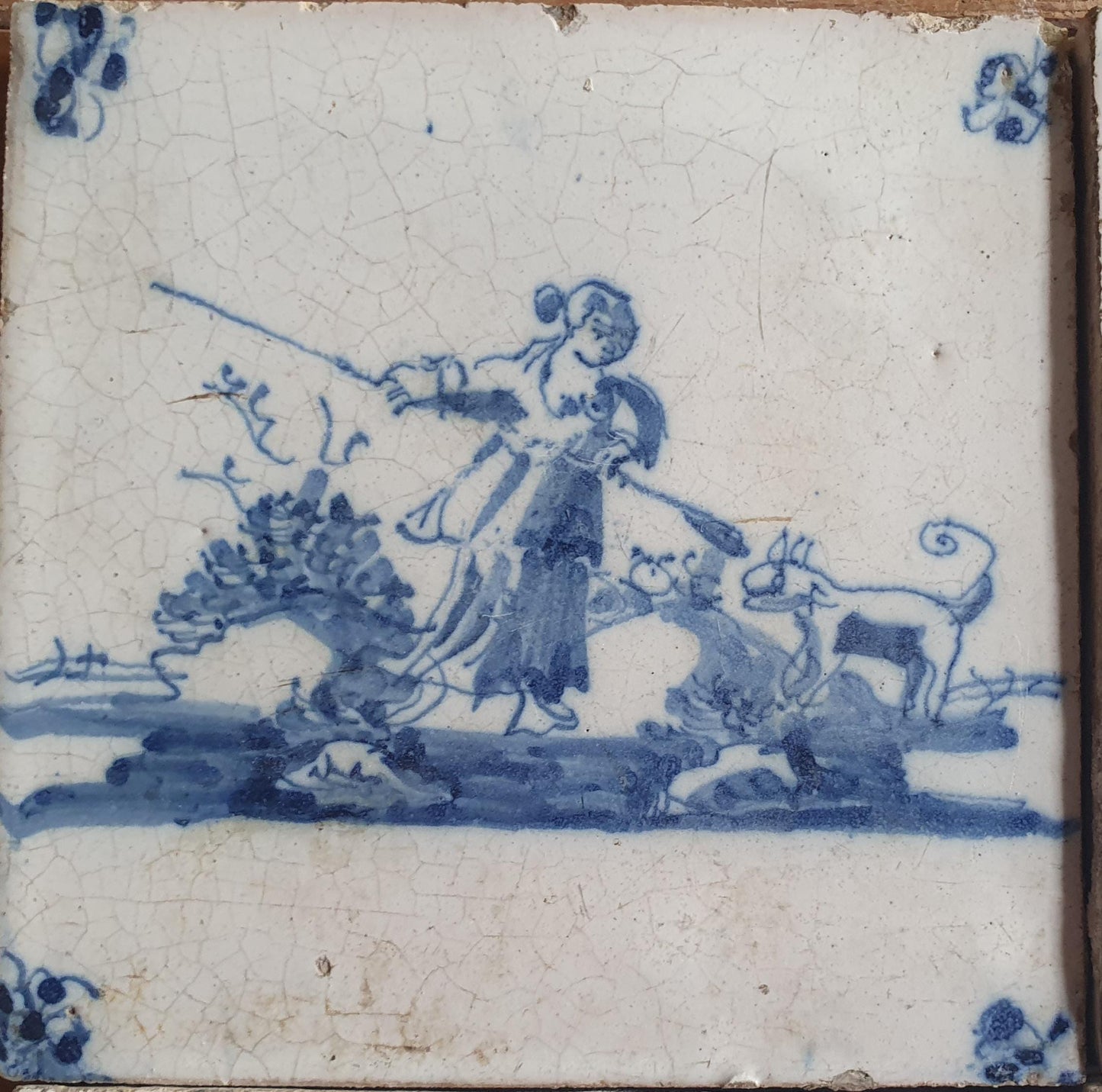 4 x Antique Delft Tiles, 18th Century Dutch Shepherd Scene landscapetile.