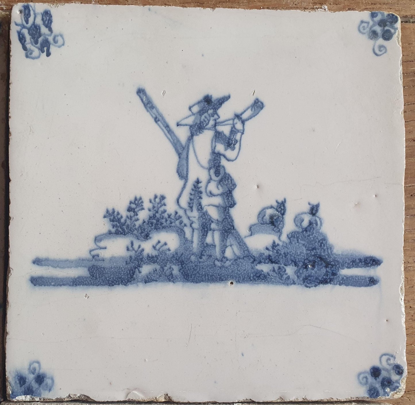 4 x Antique Delft Tiles, 18th Century Dutch Shepherd Scene landscapetile.