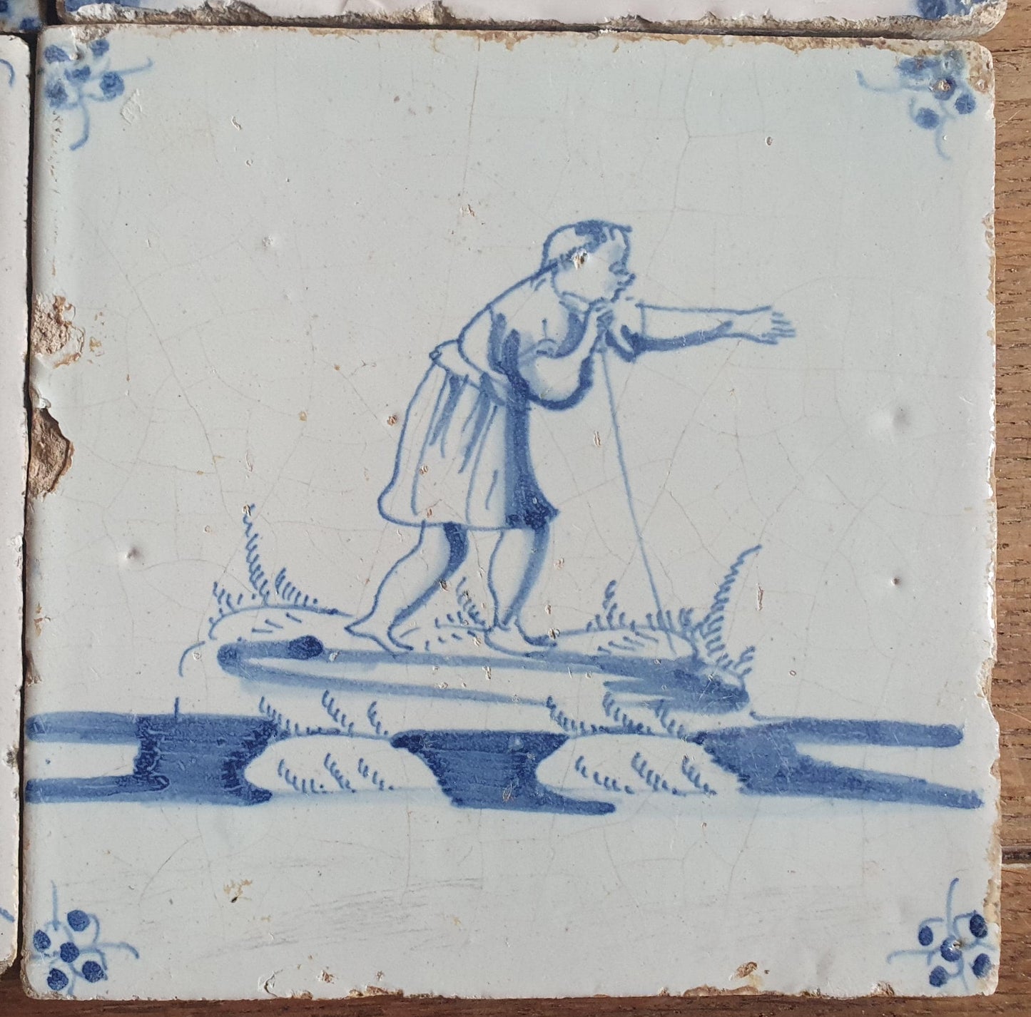 4 x Antique Delft Tiles, 18th Century Dutch Shepherd Scene landscapetile.