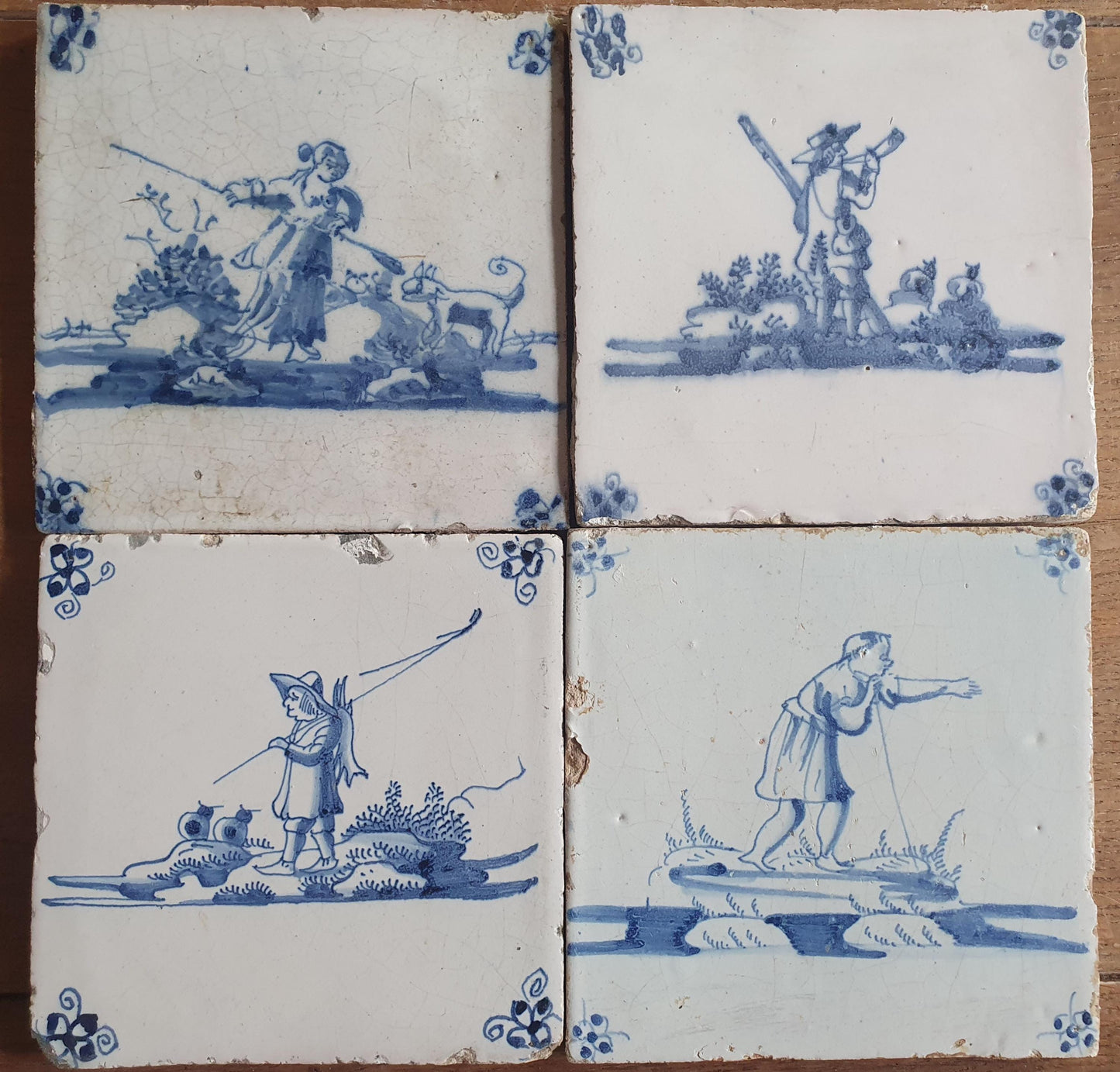 4 x Antique Delft Tiles, 18th Century Dutch Shepherd Scene landscapetile.