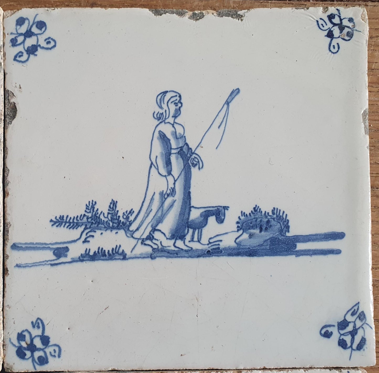 4 x Antique Delft Tiles, 18th Century Dutch Shepherd Scene landscapetile.