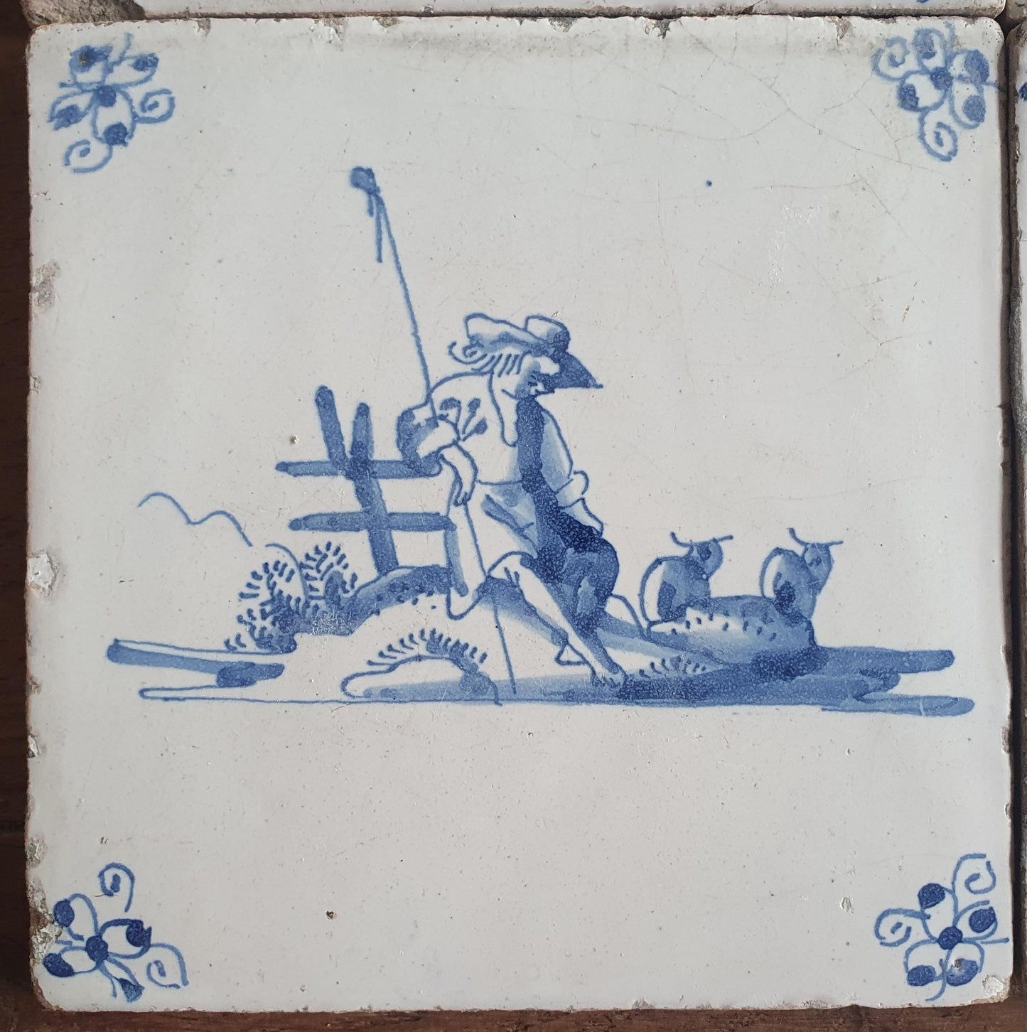 4 x Antique Delft Tiles, 18th Century Dutch Shepherd Scene landscapetile.