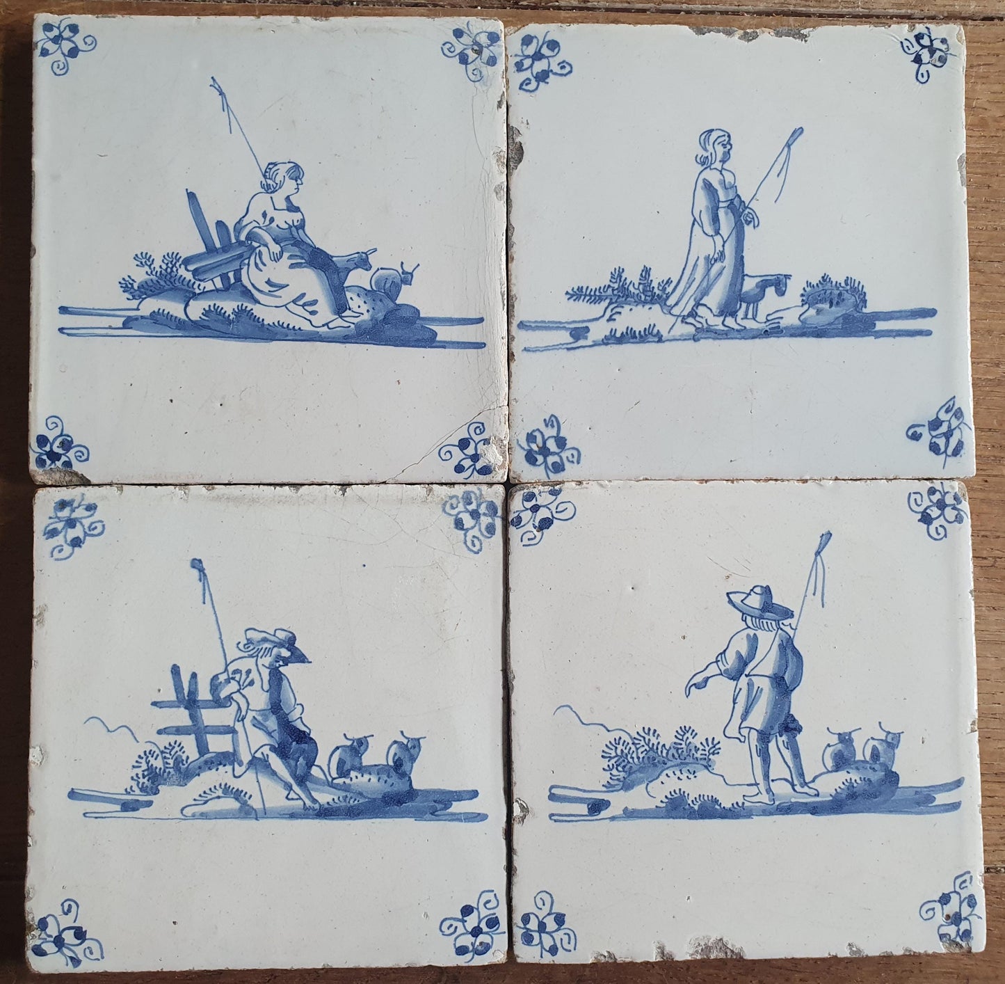 4 x Antique Delft Tiles, 18th Century Dutch Shepherd Scene landscapetile.