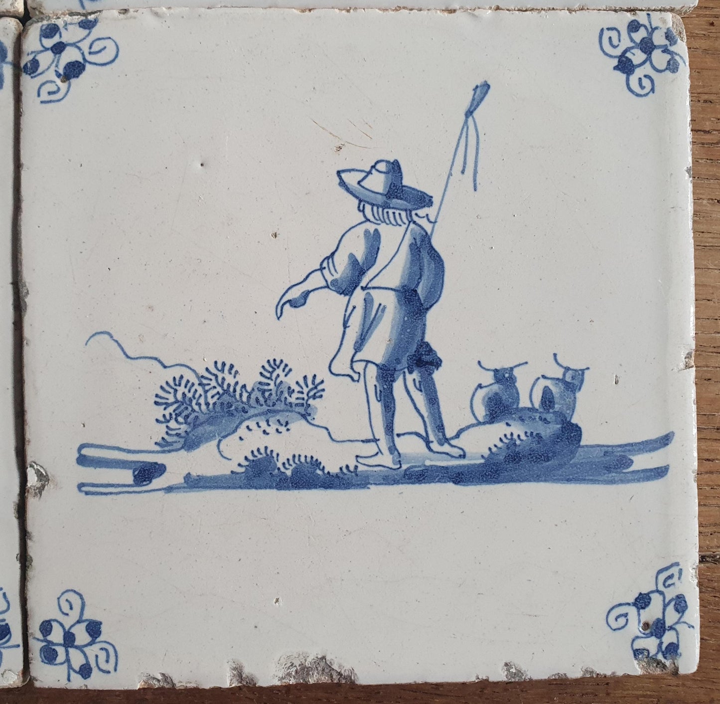 4 x Antique Delft Tiles, 18th Century Dutch Shepherd Scene landscapetile.