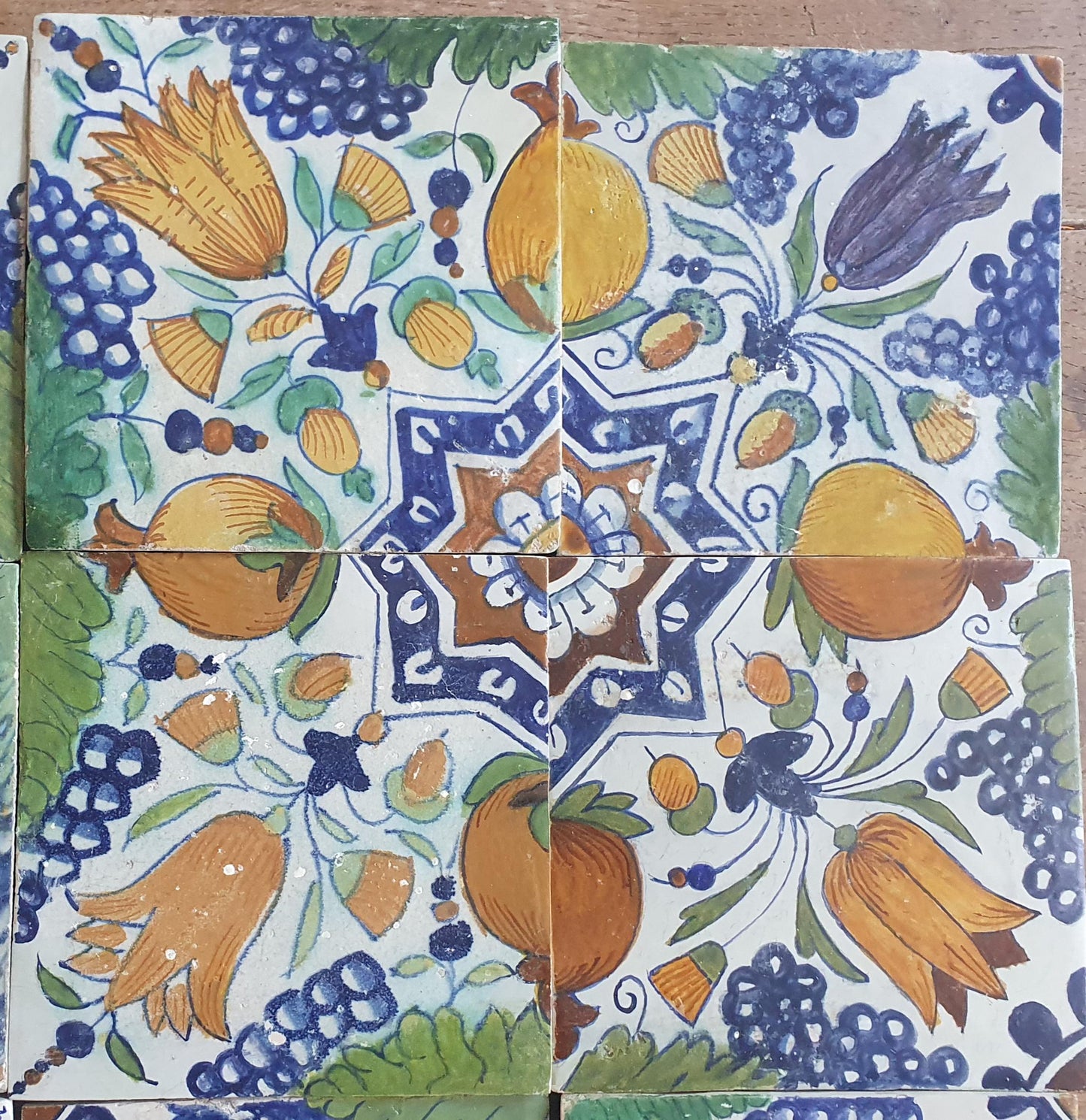16 x Antique Delft Ornament with grape and pomegranate Tiles, 17th Century Dutch Wall Decor.