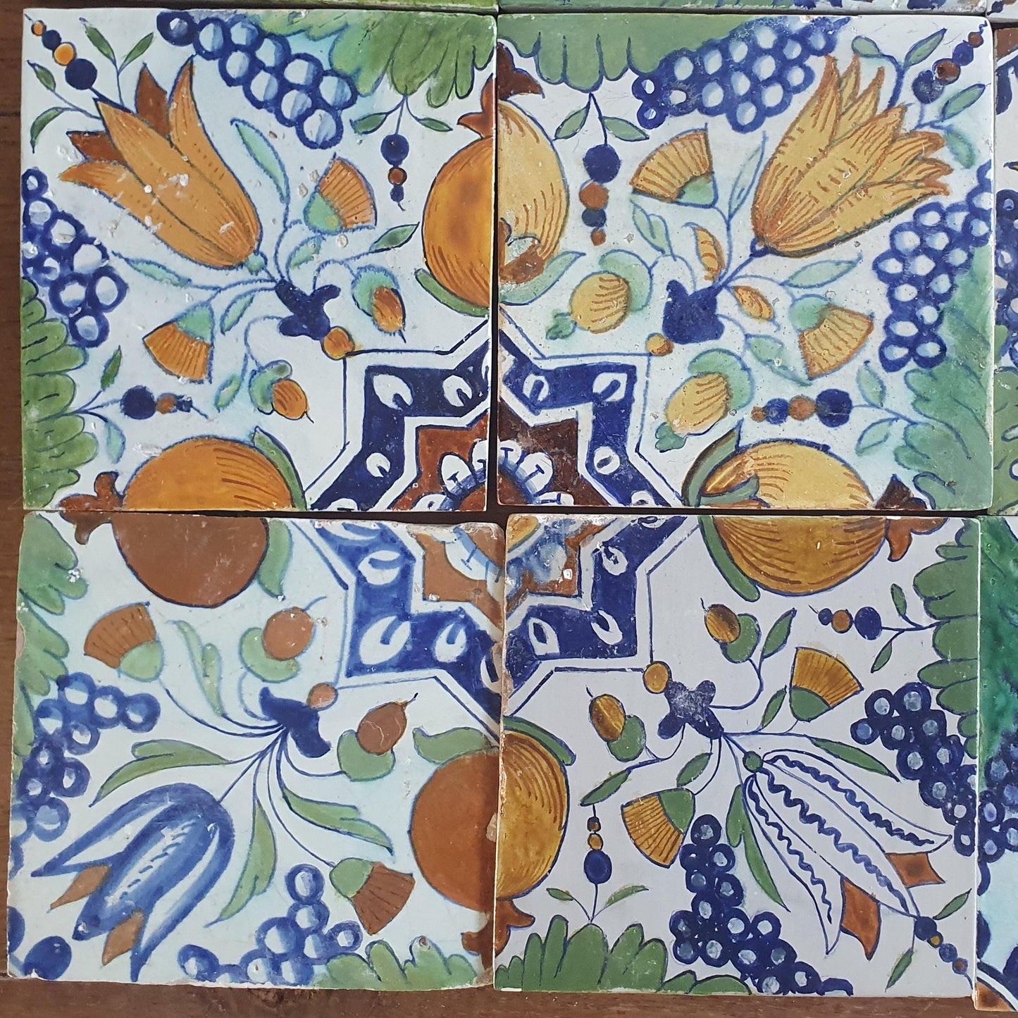 16 x Antique Delft Ornament with grape and pomegranate Tiles, 17th Century Dutch Wall Decor.
