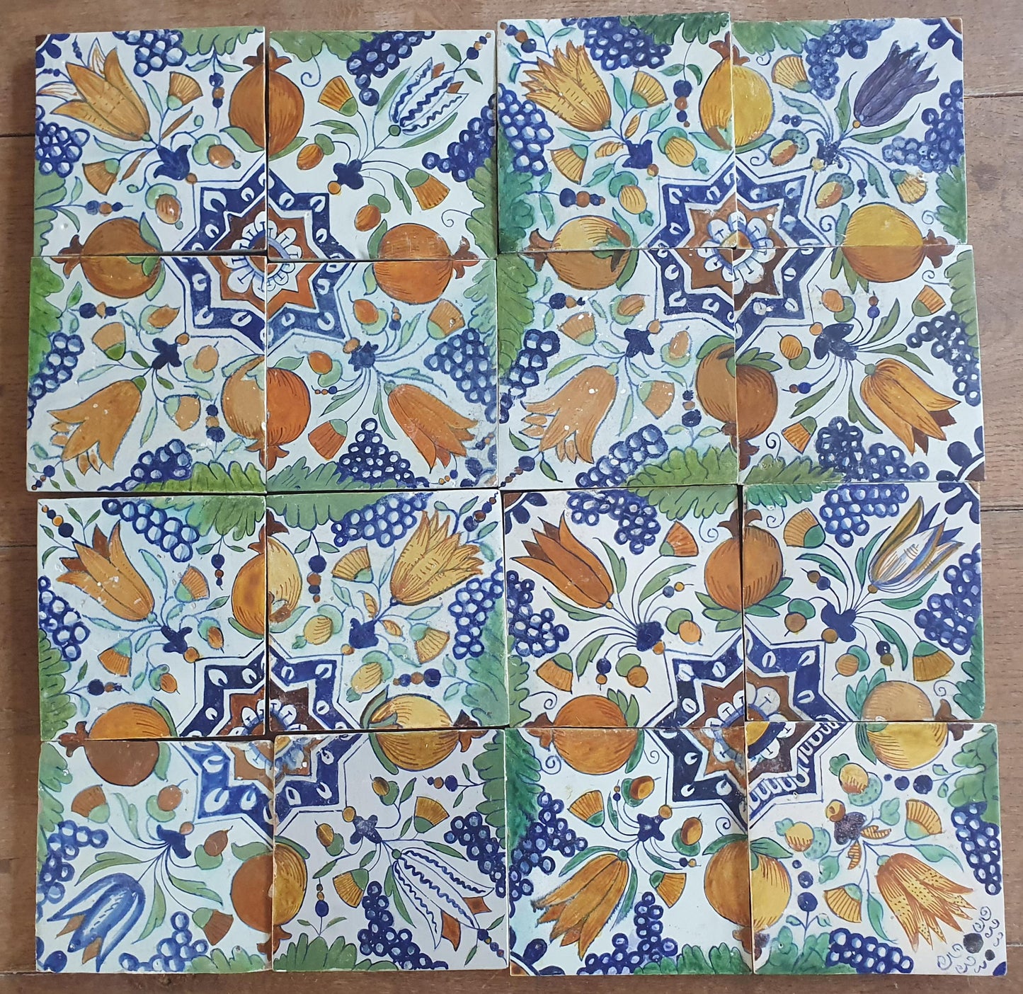 16 x Antique Delft Ornament with grape and pomegranate Tiles, 17th Century Dutch Wall Decor.