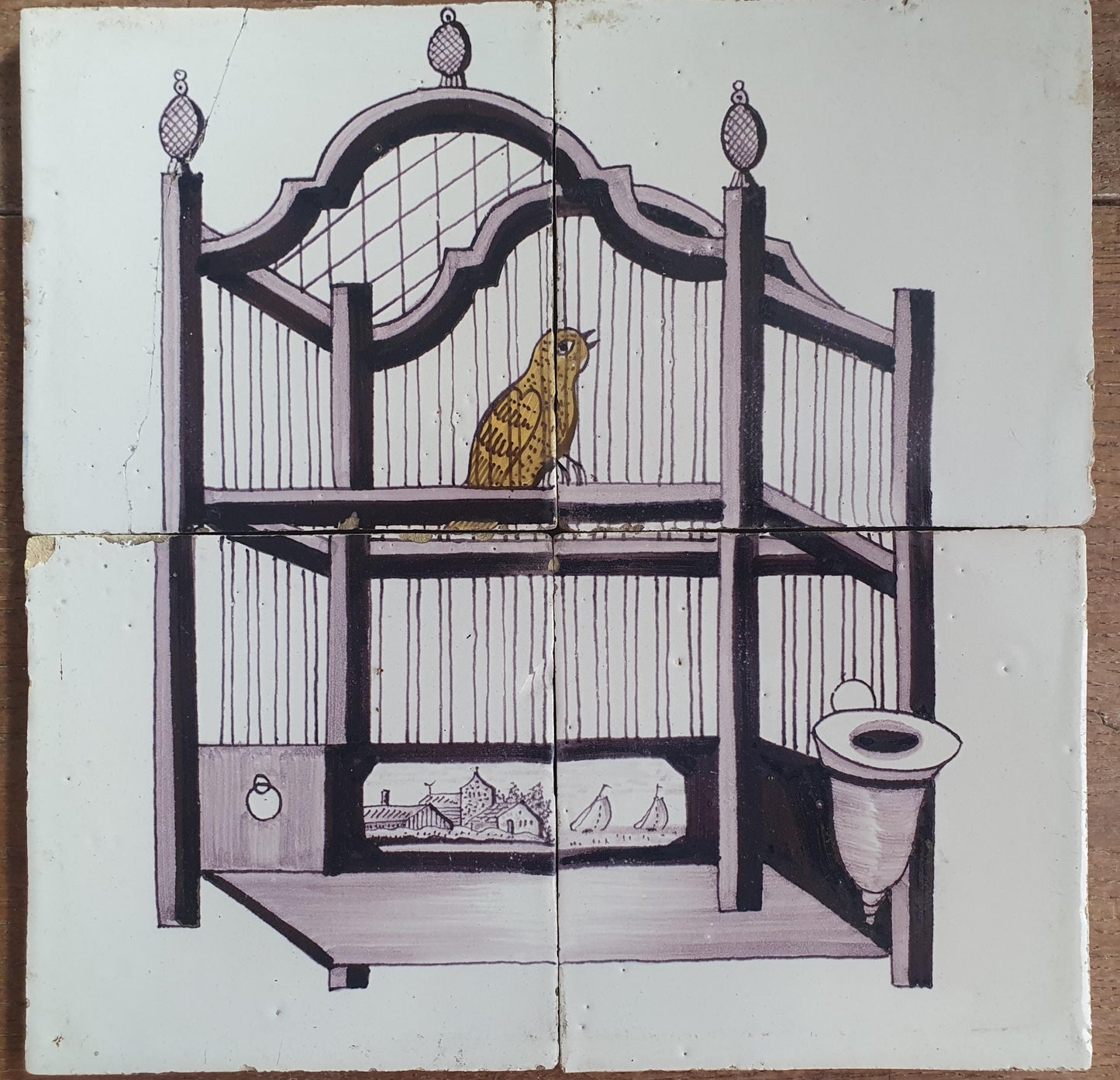 1 x Antique Delft Tiles, 19th Century Dutch tilepanel with canary and cage .