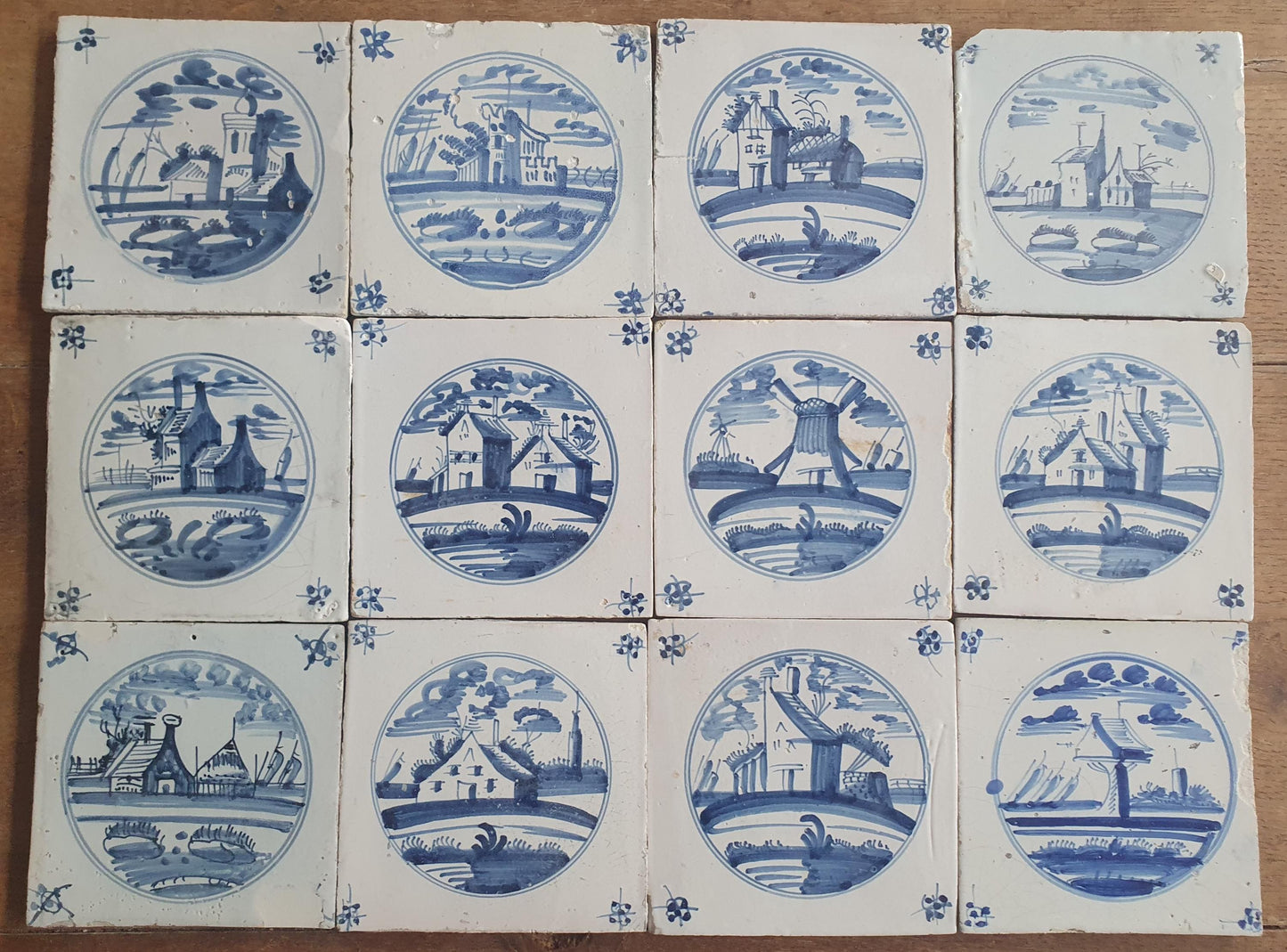 12 x Antique Delft Tiles, 18th Century Dutch  Scene landscapetile.