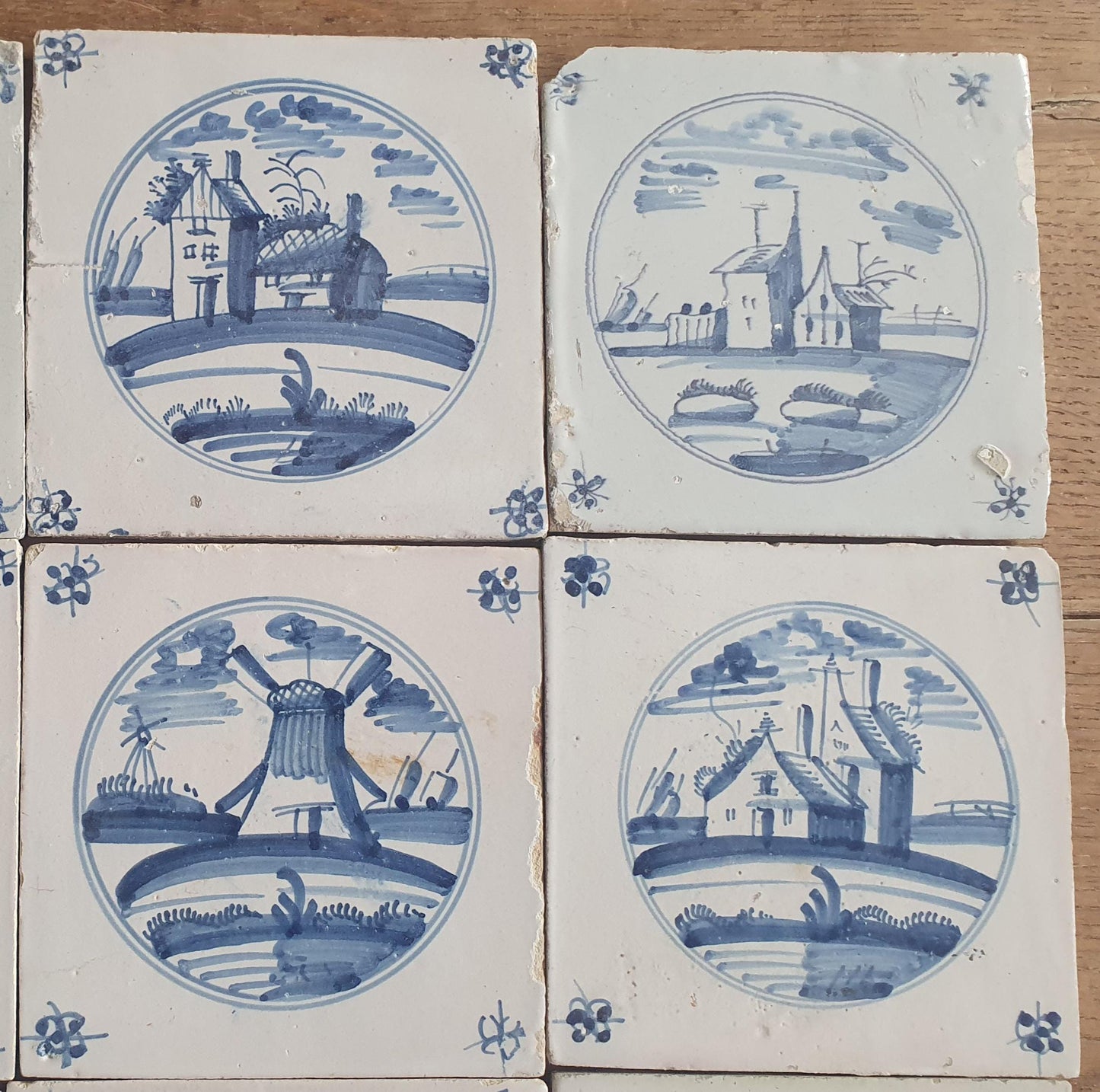 12 x Antique Delft Tiles, 18th Century Dutch  Scene landscapetile.