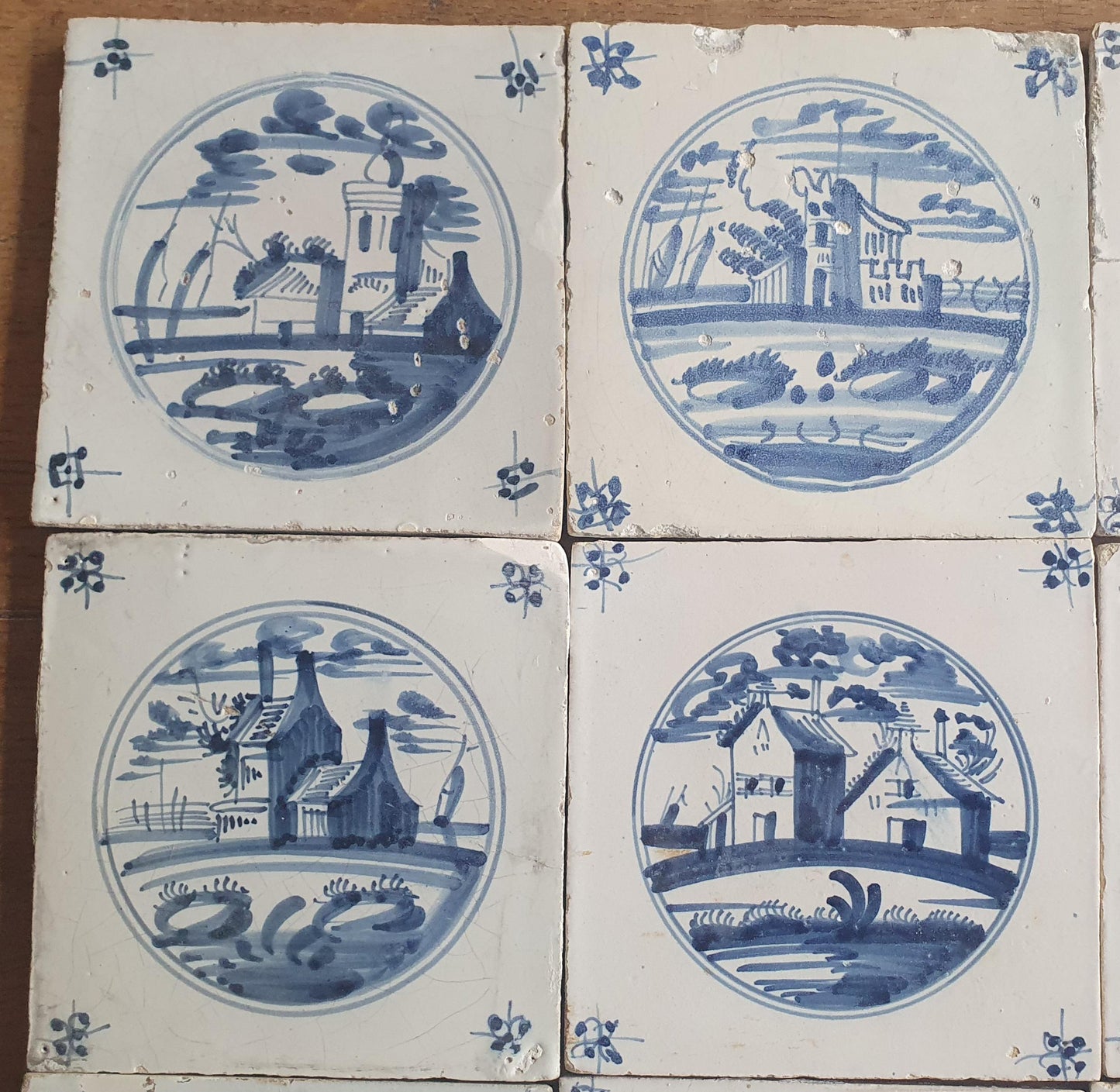 12 x Antique Delft Tiles, 18th Century Dutch  Scene landscapetile.