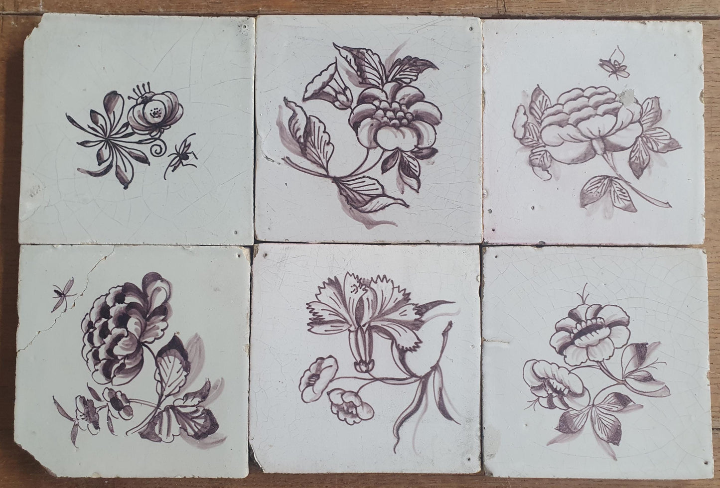 6 x Antique Delft Tiles, 19th Century Dutch mangane flowers tiles planttile.