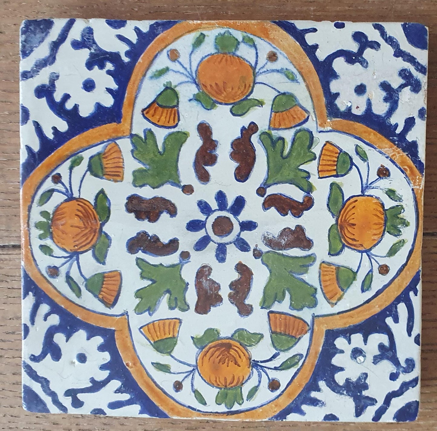 4 x Antique Delft Ornament Tiles, 17th Century Dutch Wall Decor.