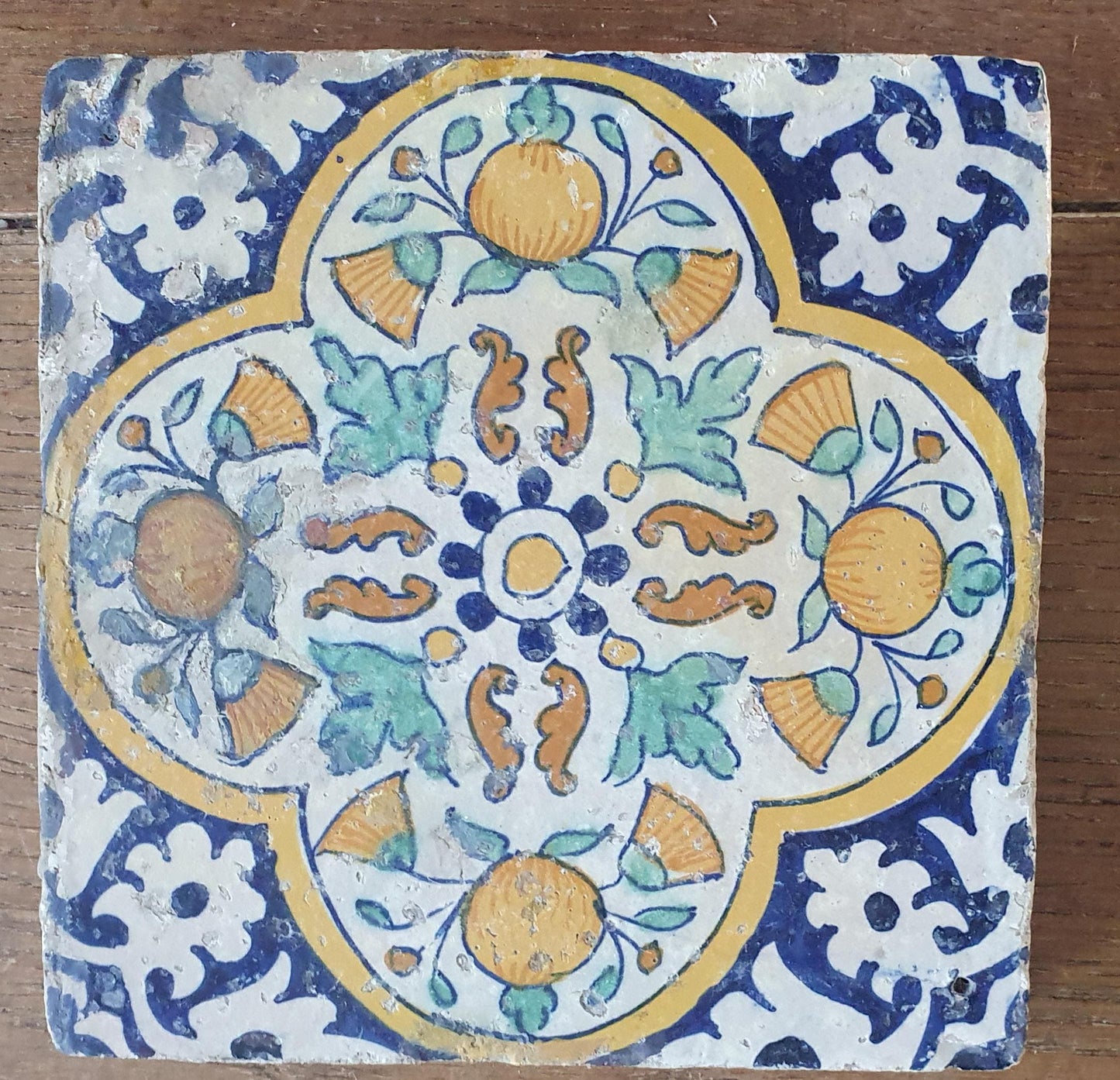 4 x Antique Delft Ornament Tiles, 17th Century Dutch Wall Decor.