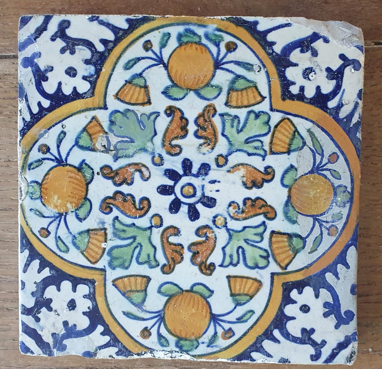 4 x Antique Delft Ornament Tiles, 17th Century Dutch Wall Decor.